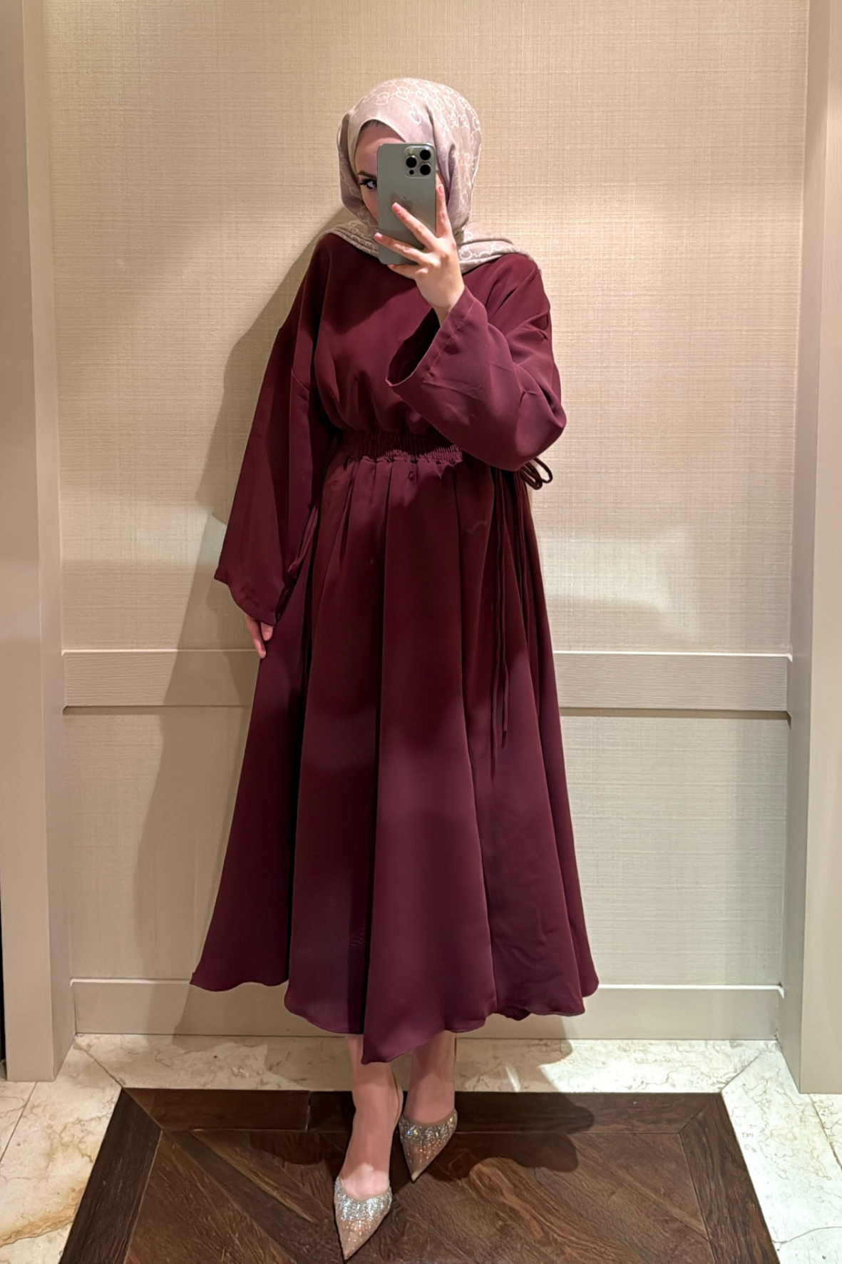 Bella Beli Lastik Büzgülü Elbise-Bordo-2197