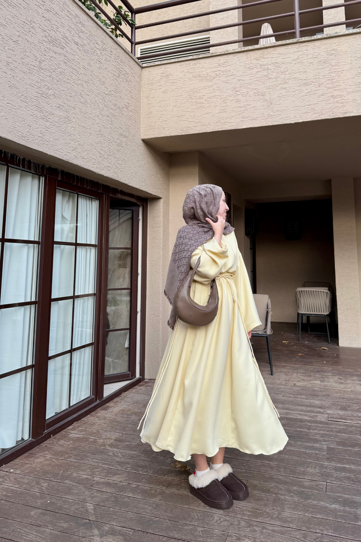 Bella Beli Lastik Büzgülü Elbise-Butter Yellow-2197