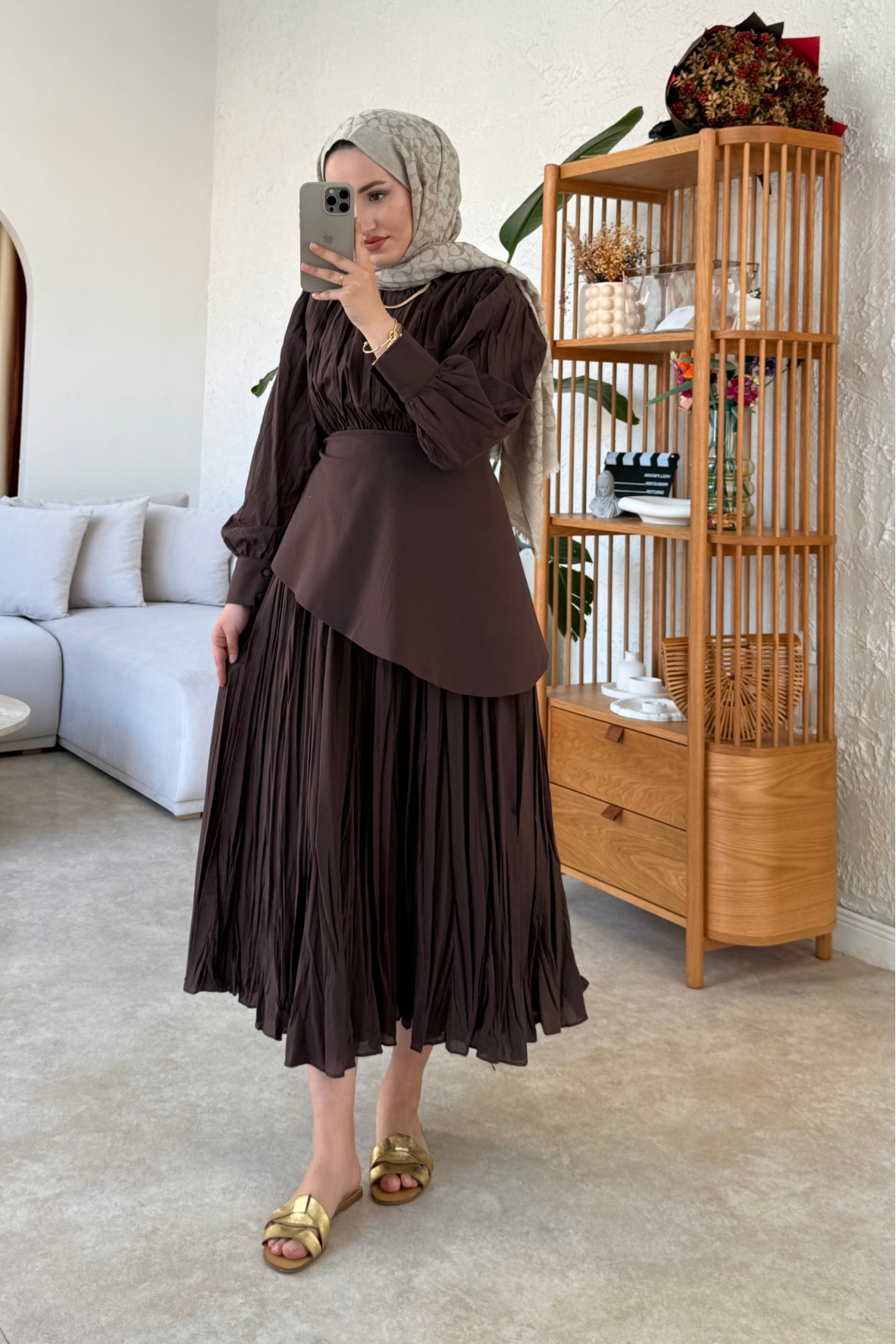 Monna vual kraşlı elbise kahve - Vakronline