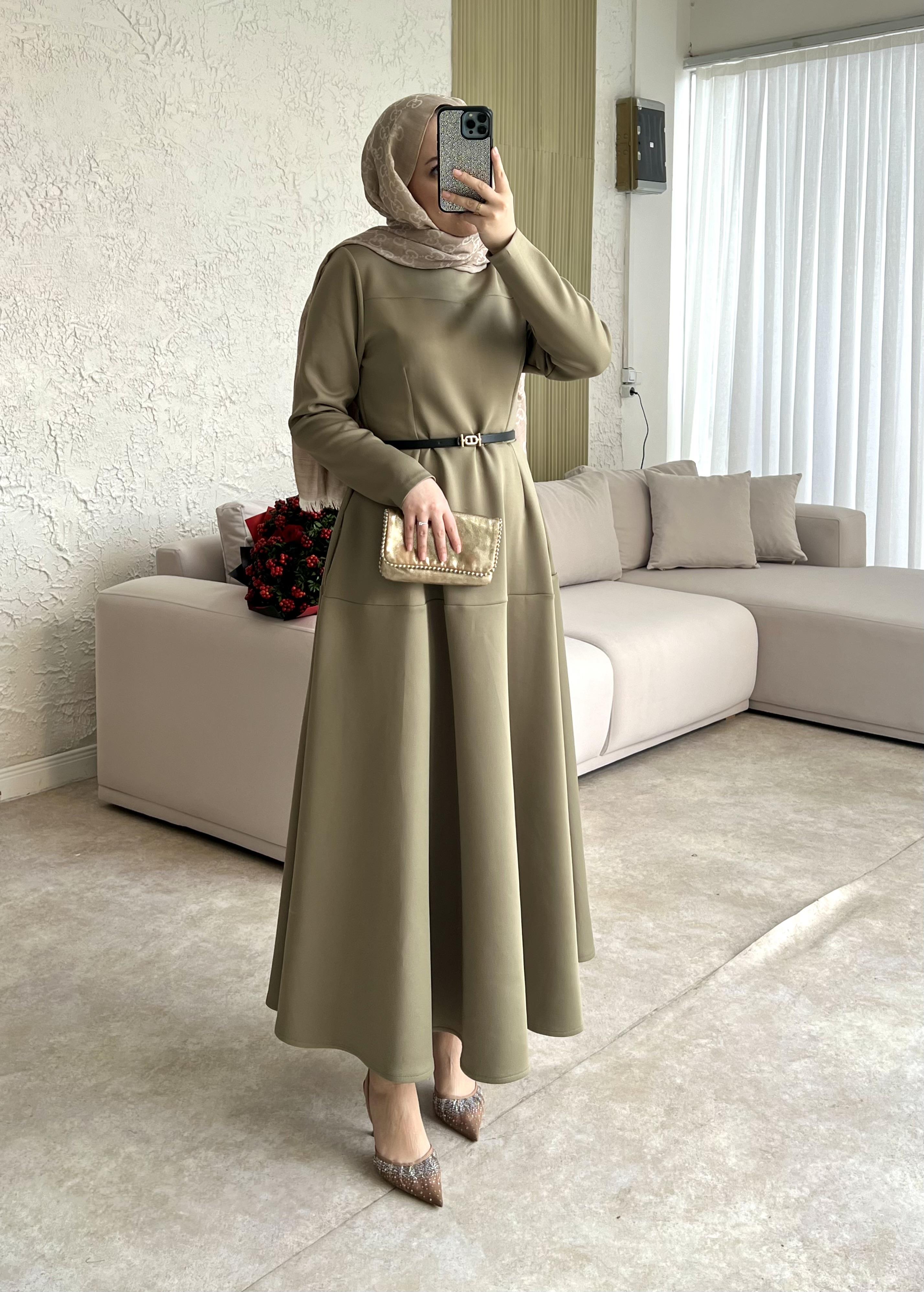 Dara kemerli scuba elbise-yağ yeşili - vakronline