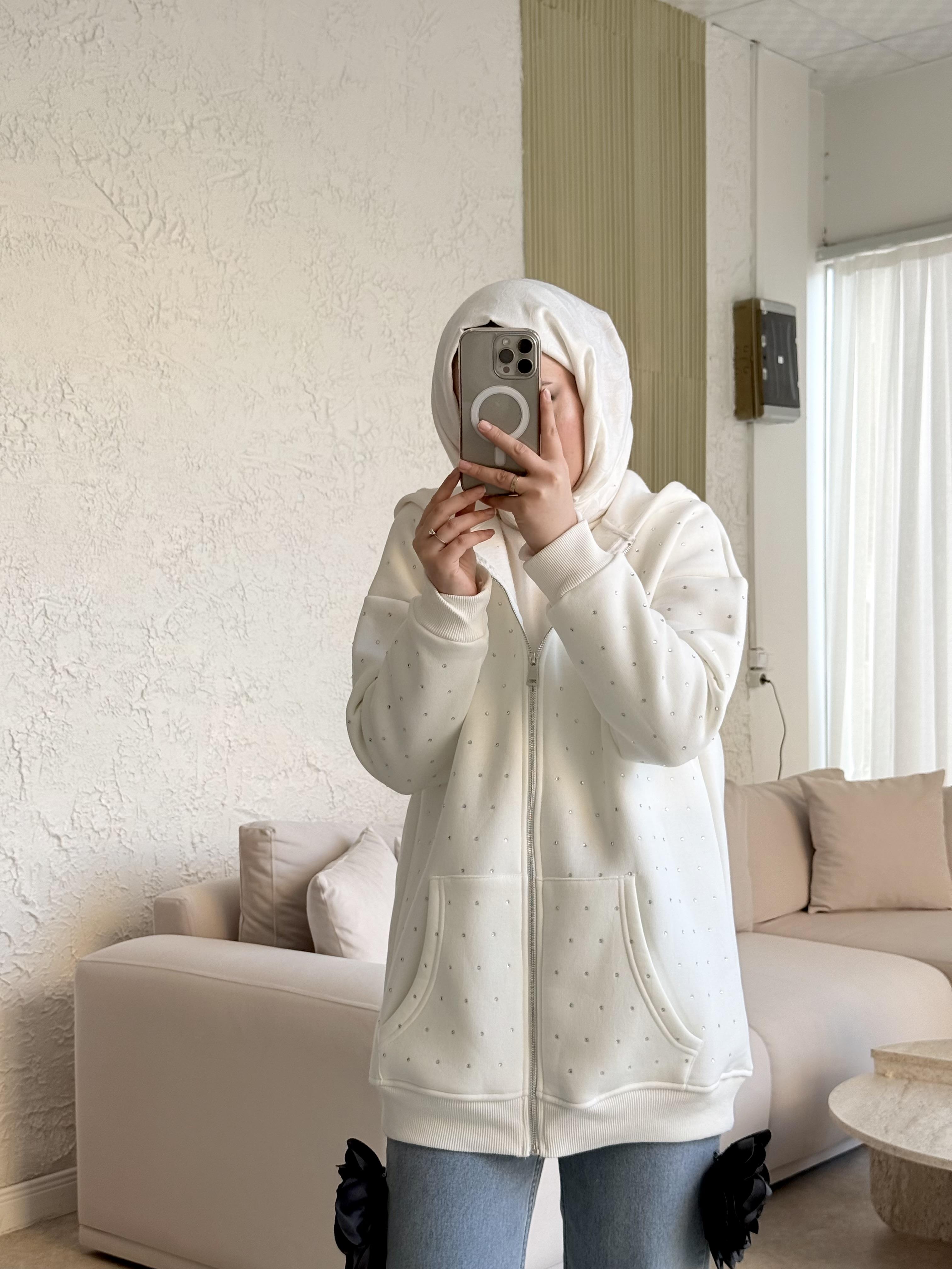Zra model full taşlı kapüşonlu sweat-beyaz - vakronline