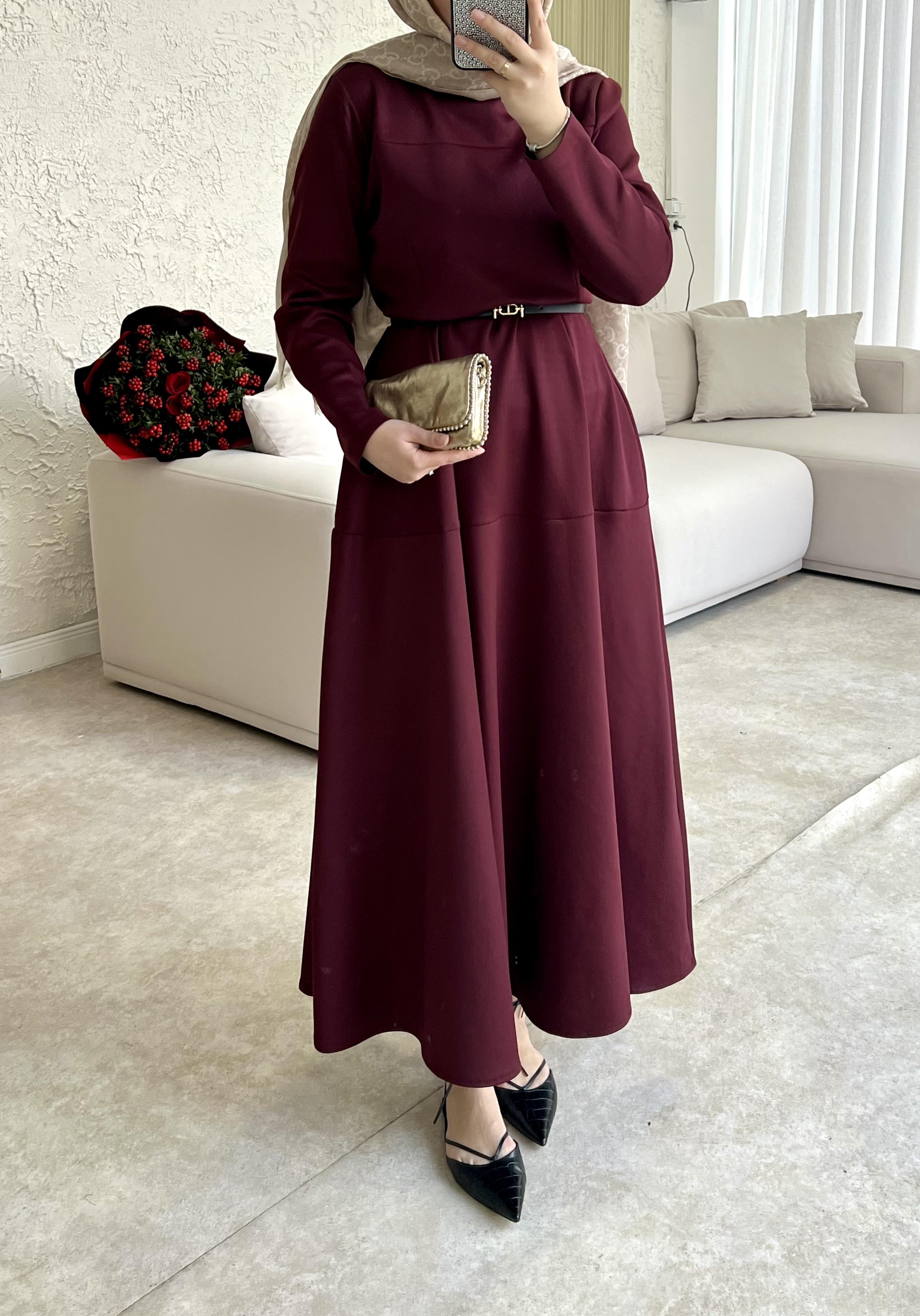 Dara kemerli scuba elbise-bordo - vakronline