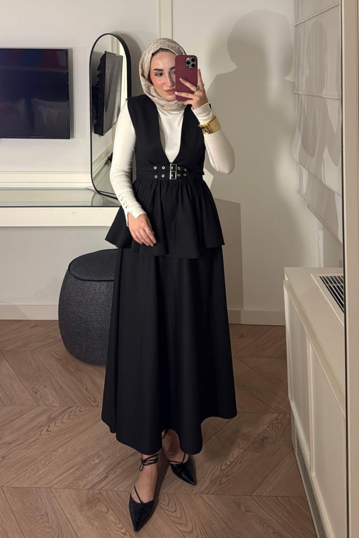 Çift Kemerli Etekli Takım-Siyah-5220