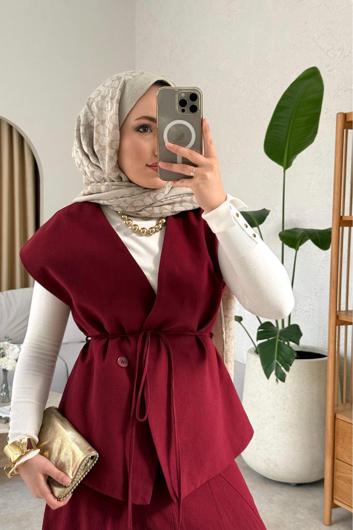 Lavinya keten etekli takım-bordo - vakronline