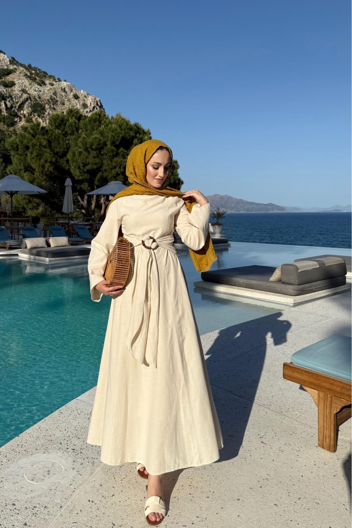 Diana keten elbise-krem - Vakronline