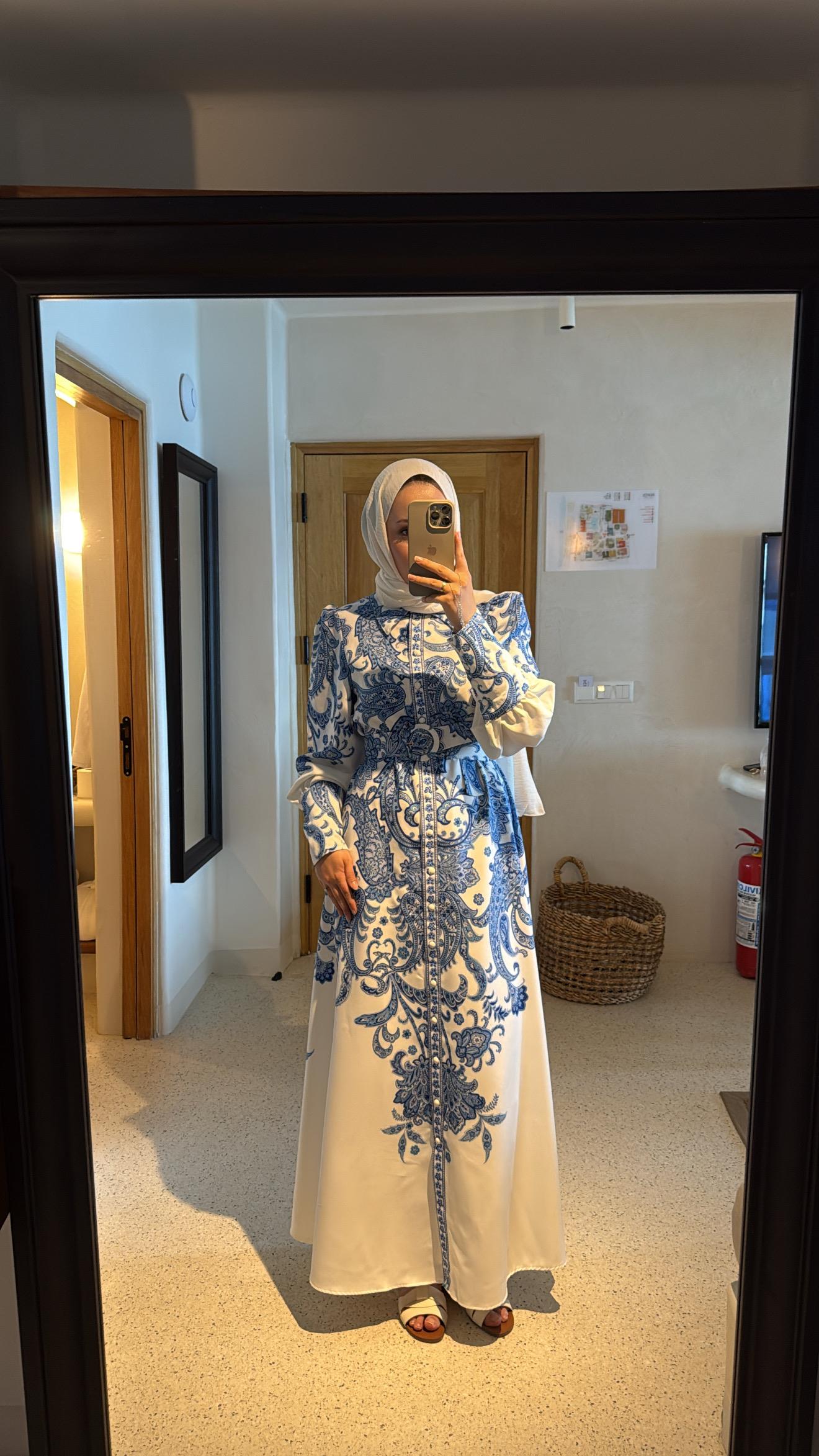 Etnik desenli premium kemerli elbise mavi - Vakronline