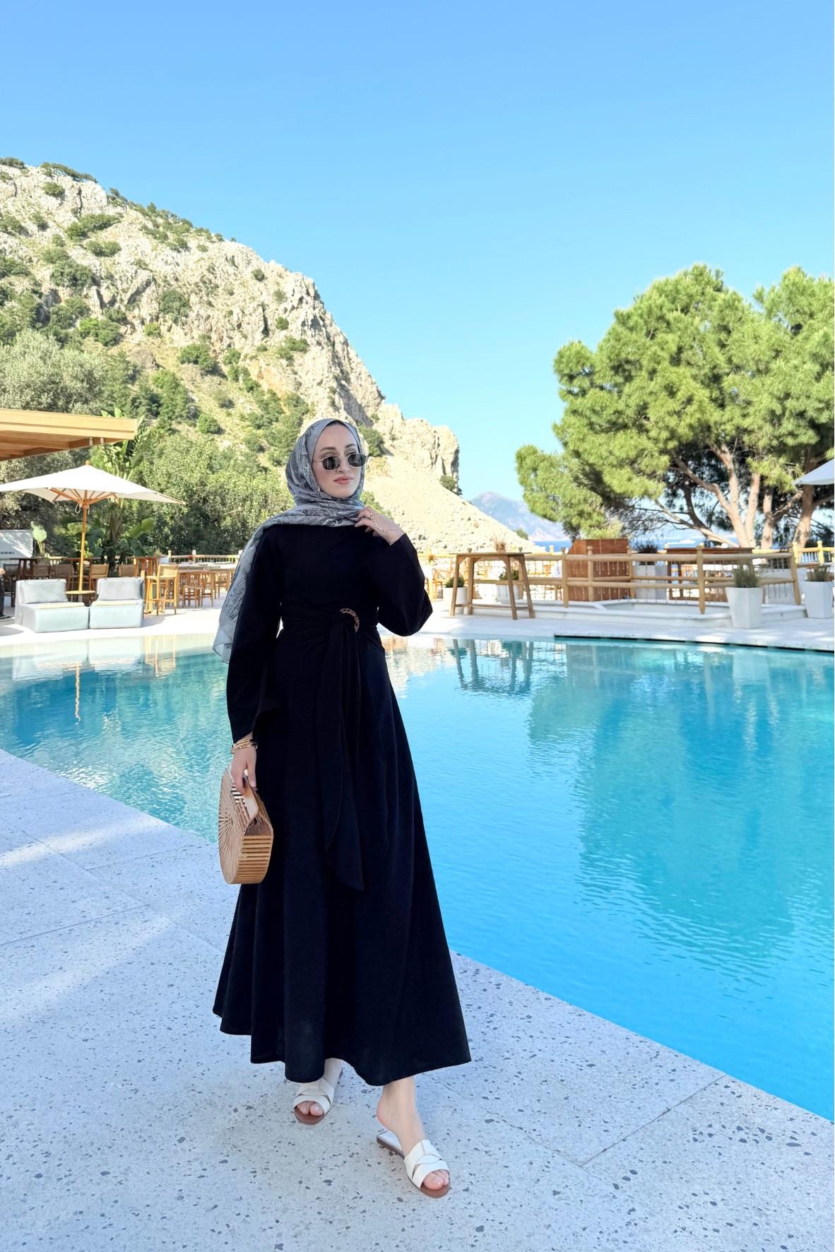 Diana keten elbise-siyah - Vakronline