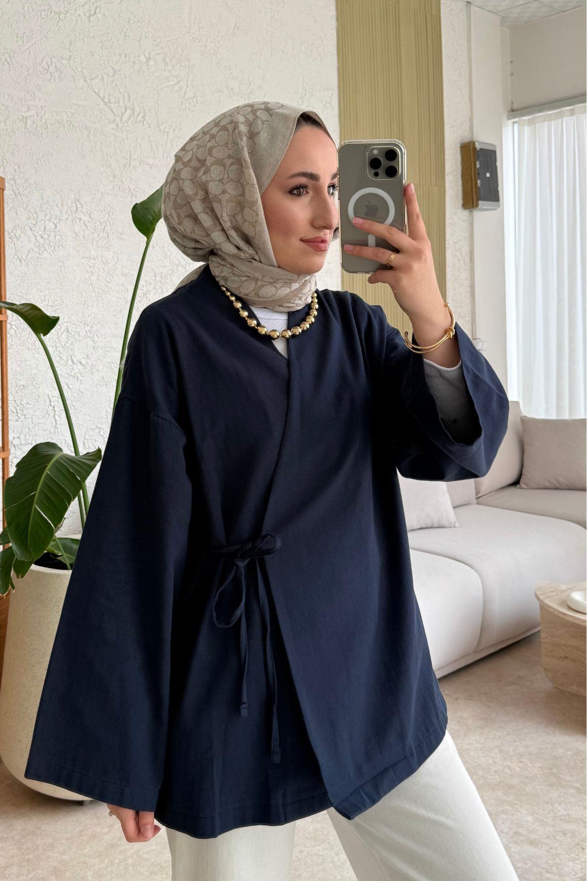 Keten yandan bağlamalı kimono-lacivert - vakronline