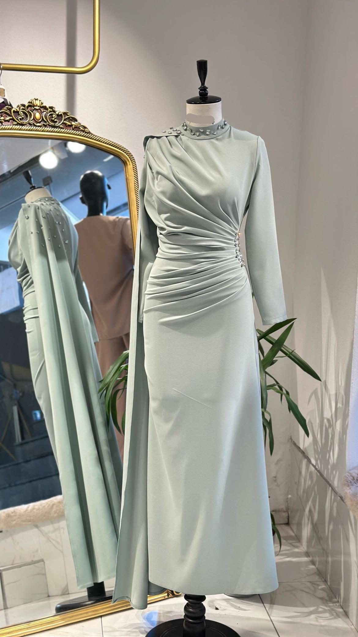 Mariana taşlı özel seri elbise-mint yeşili - Vakronline