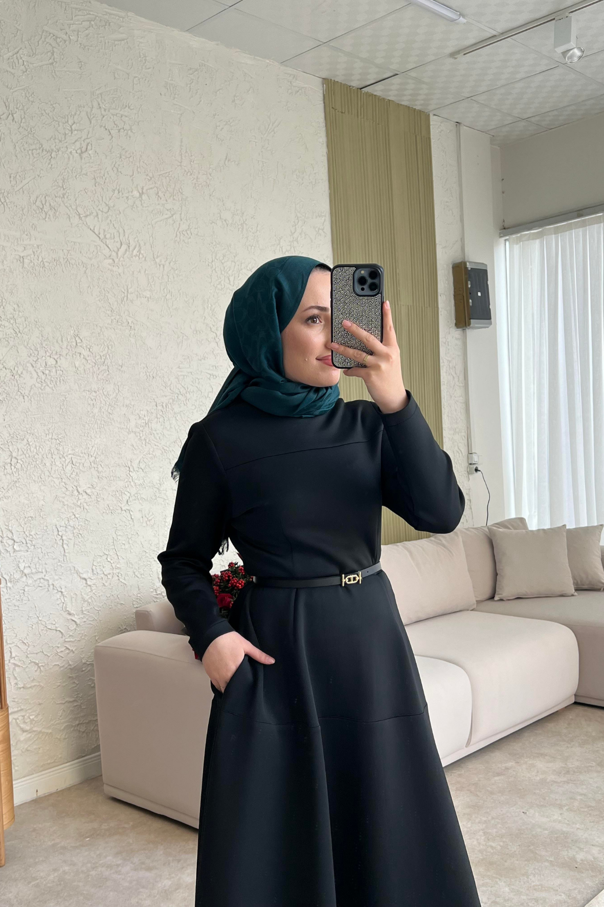 Dara kemerli scuba elbise-siyah - vakronline