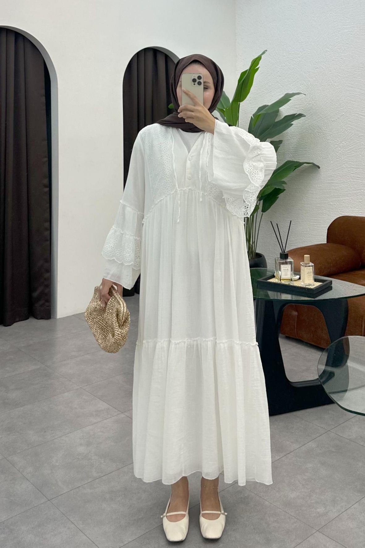 Monila Dantel Detaylı Premium Elbise-Beyaz