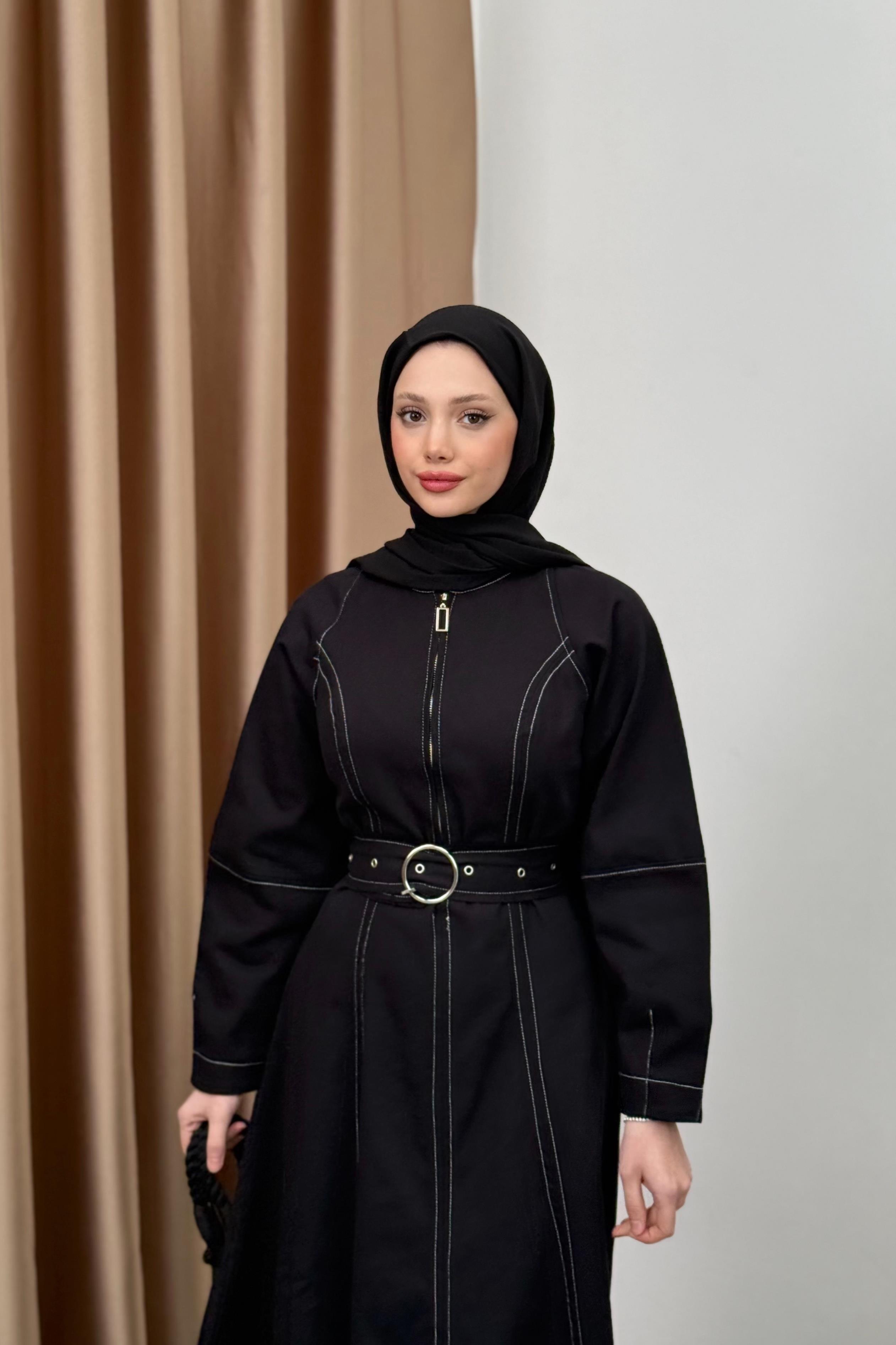 Çizgili Gabardin elbise-siyah