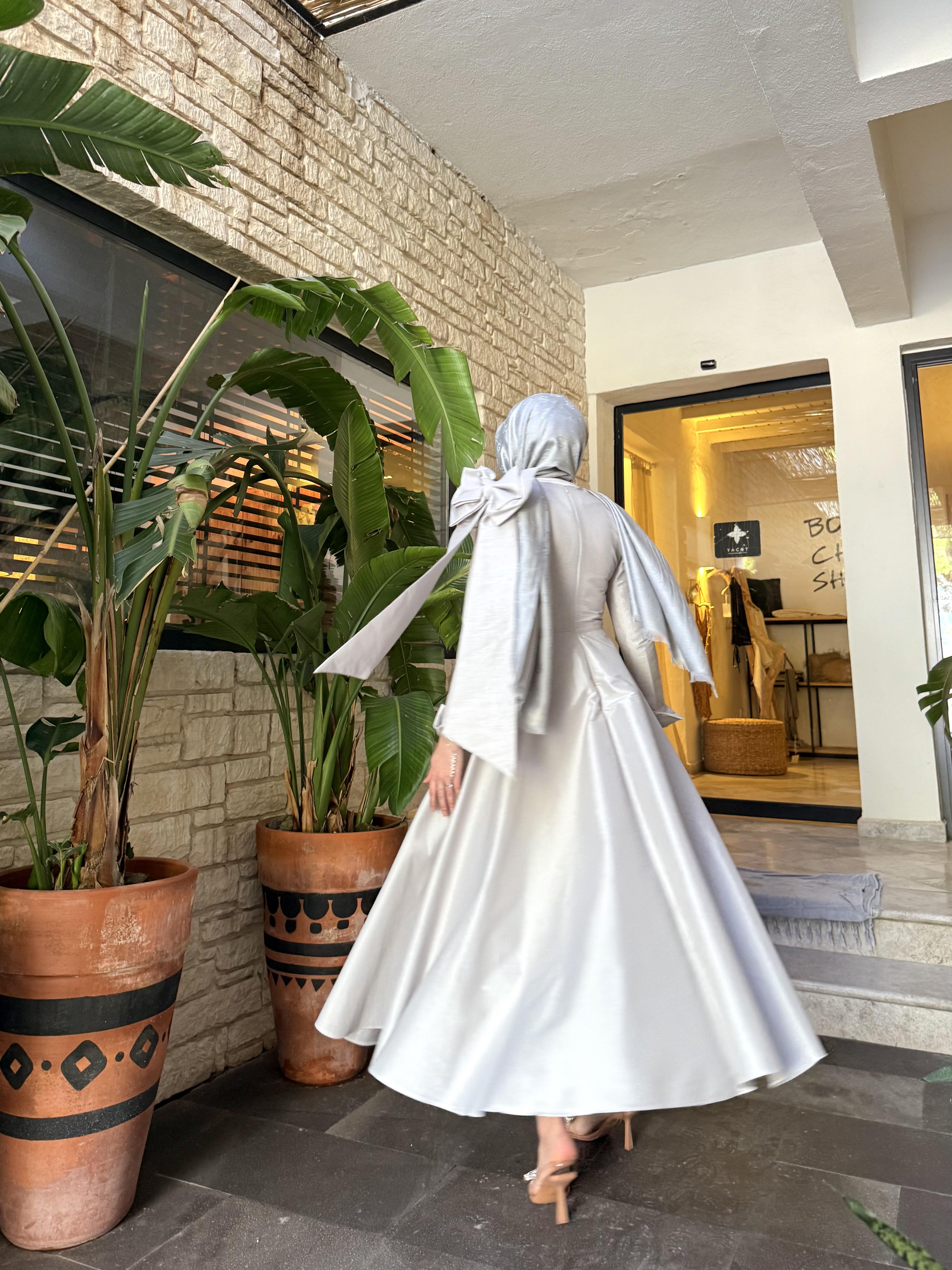 Fiyonk detaylı tafta elbise-gri - vakronline