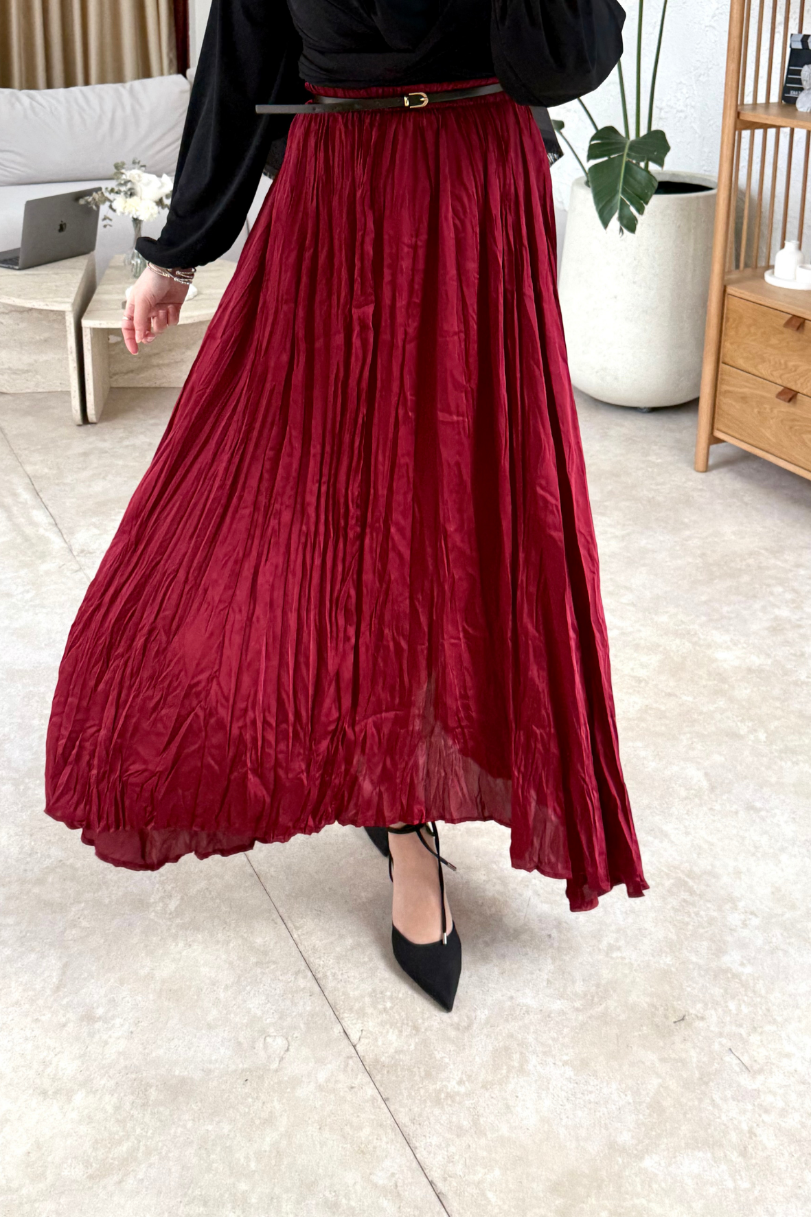 Saten kraş etek-bordo - vakronline