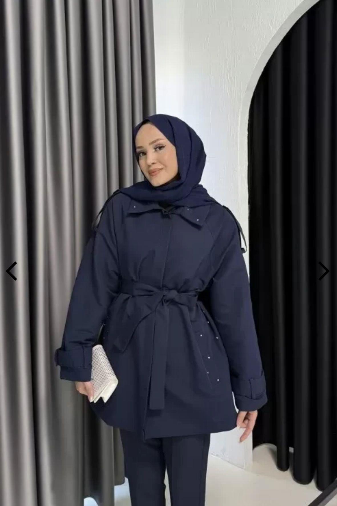 Night işıltılı trençkot-lacivert - vakronline