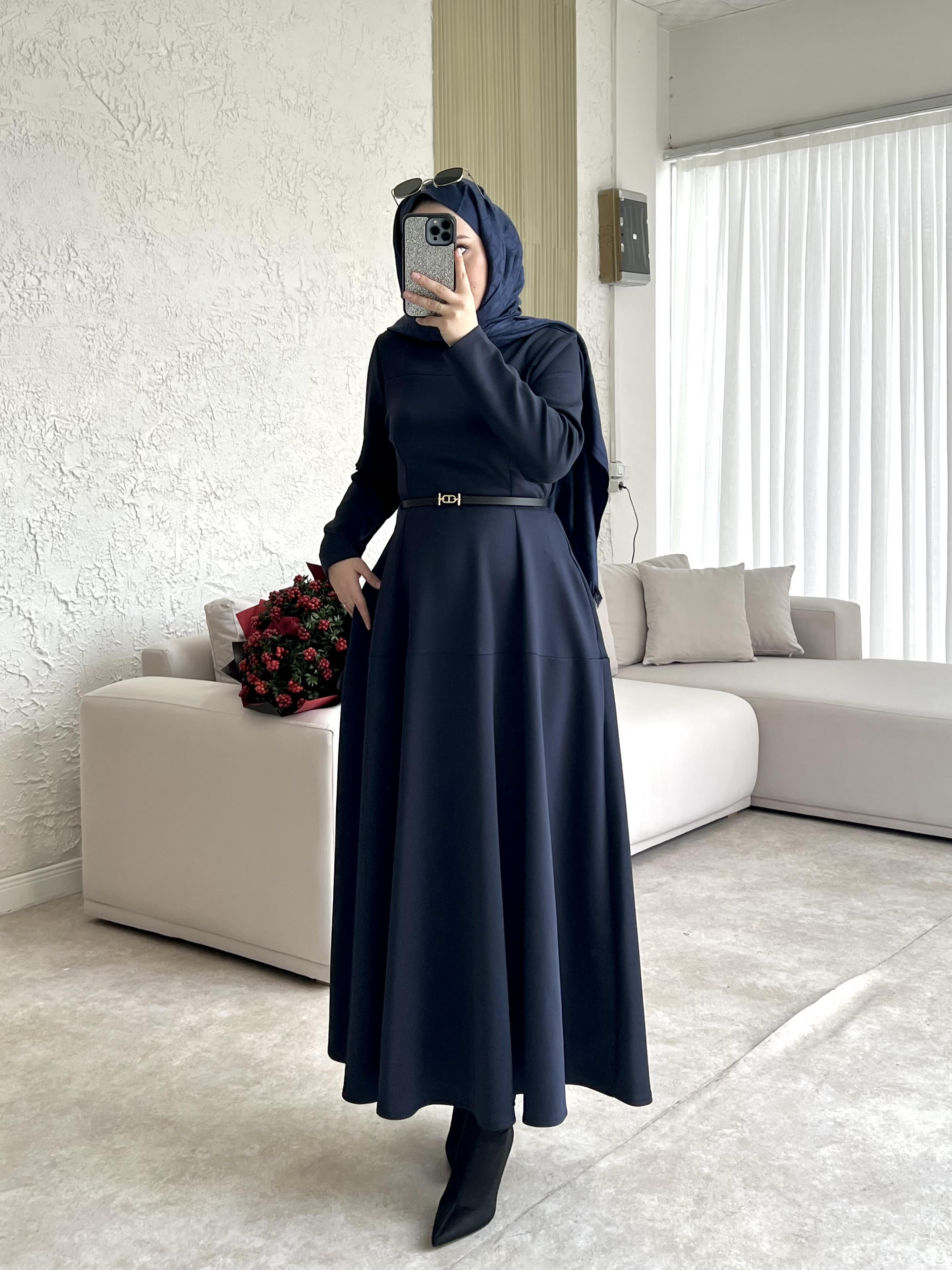 Dara kemerli scuba elbise-lacivert - vakronline