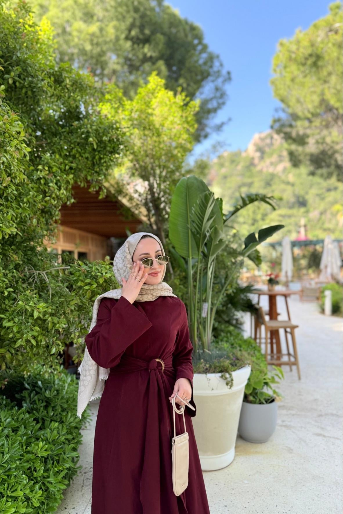 Diana keten elbise-bordo - Vakronline