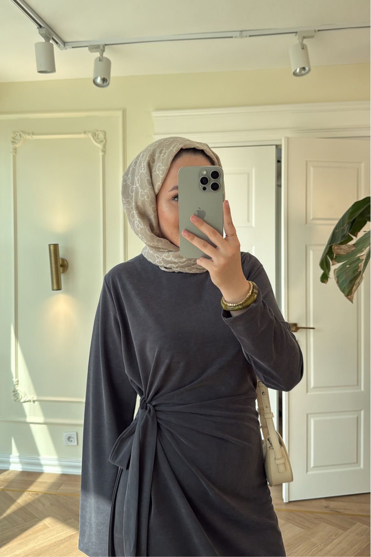 Floral Yandan Bağlama Detaylı Elbise-Antrasit-3532