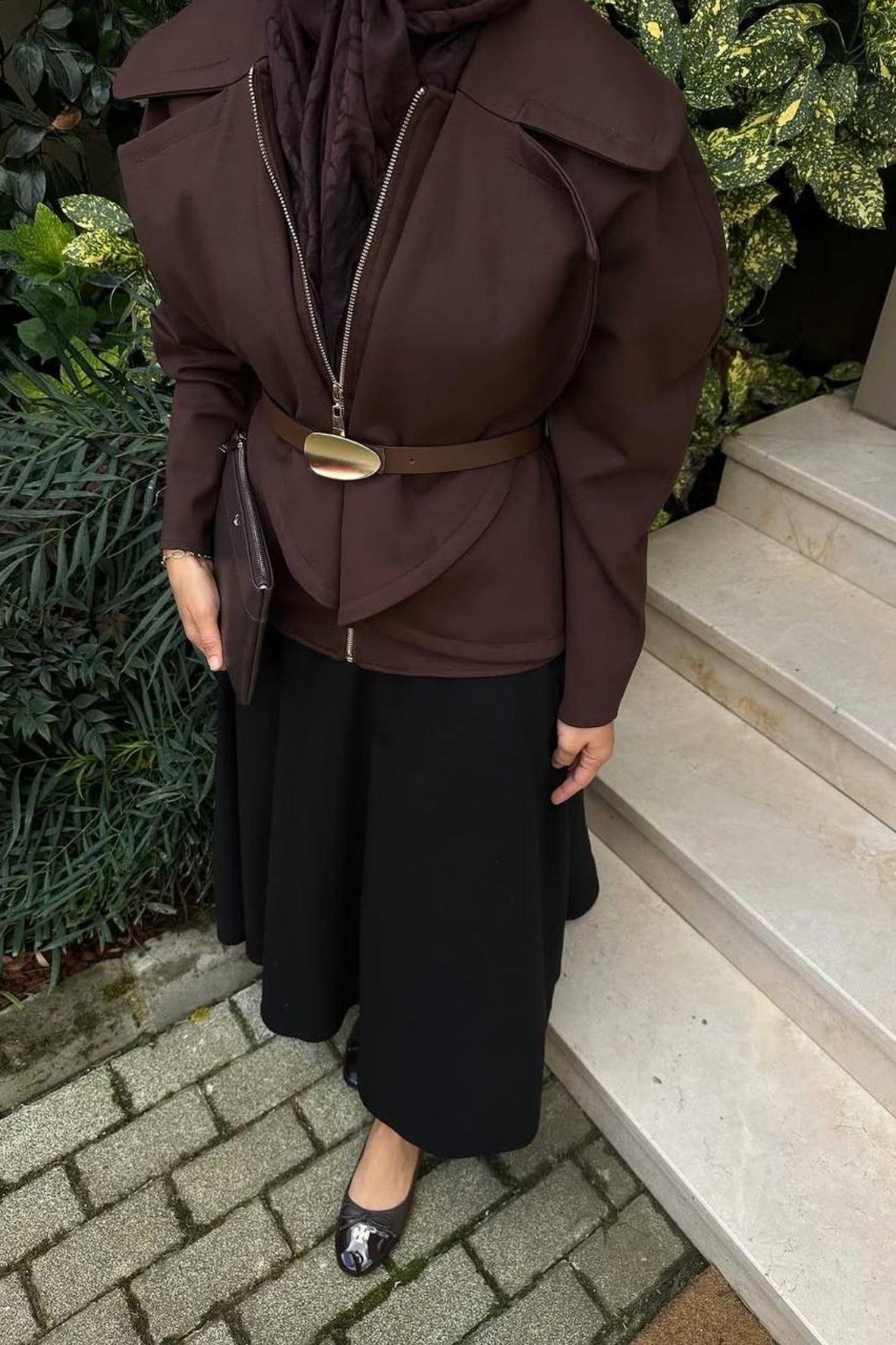 Gold kemerli ceket acı kahve-890