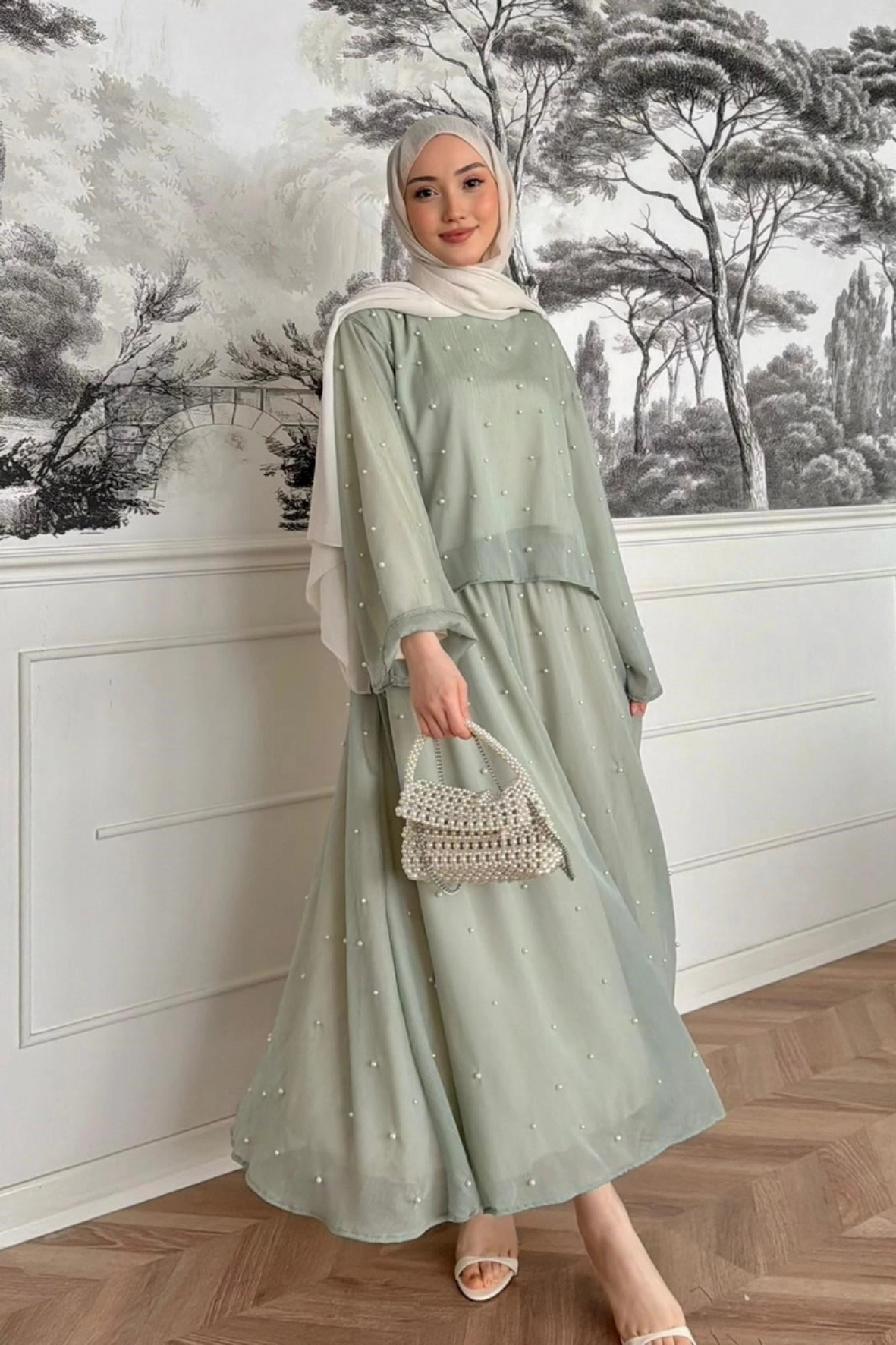İncili Etekli Takım - Mint Yeşili-4763