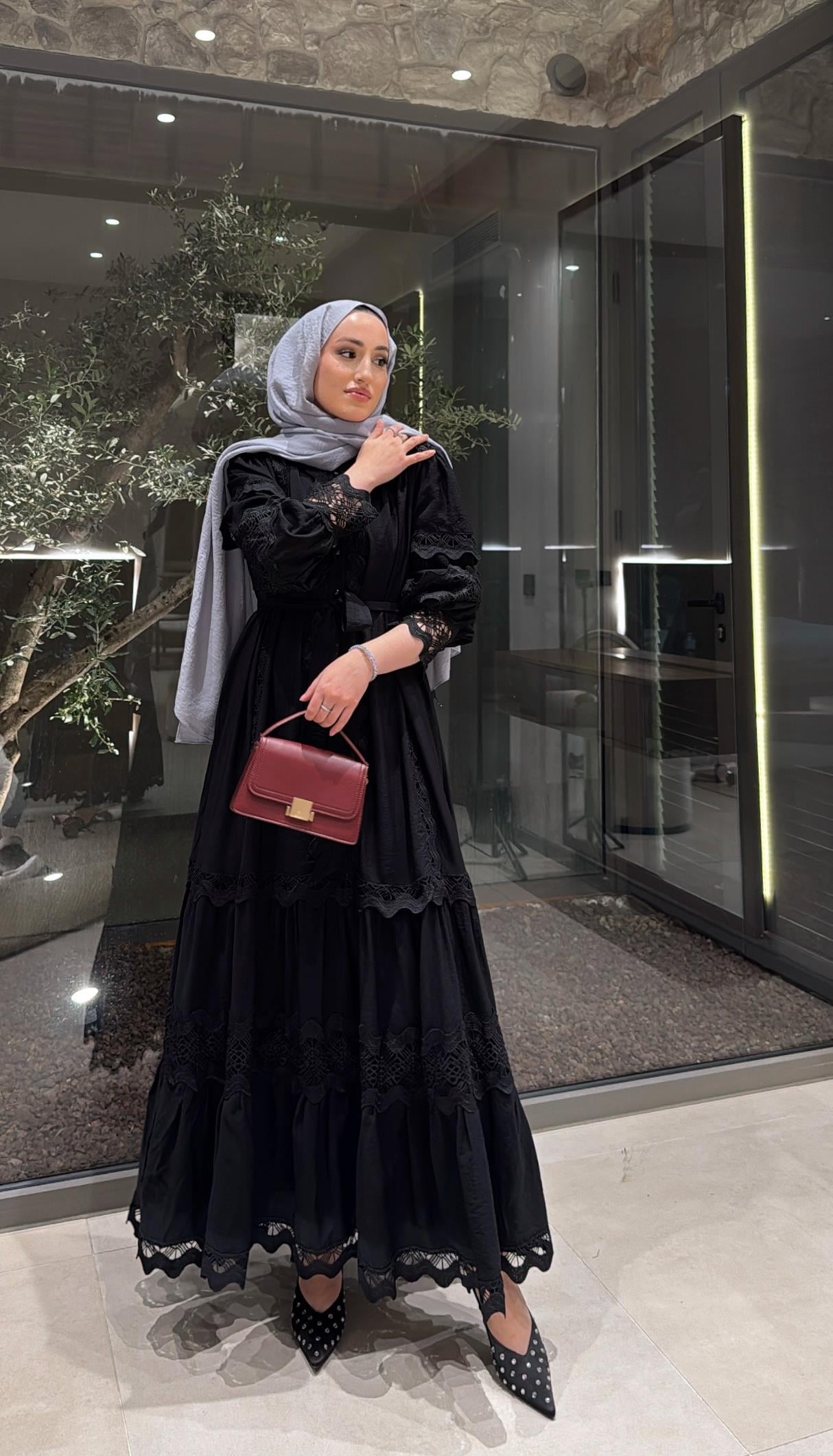 Dantelli Elbise - Siyah-8596