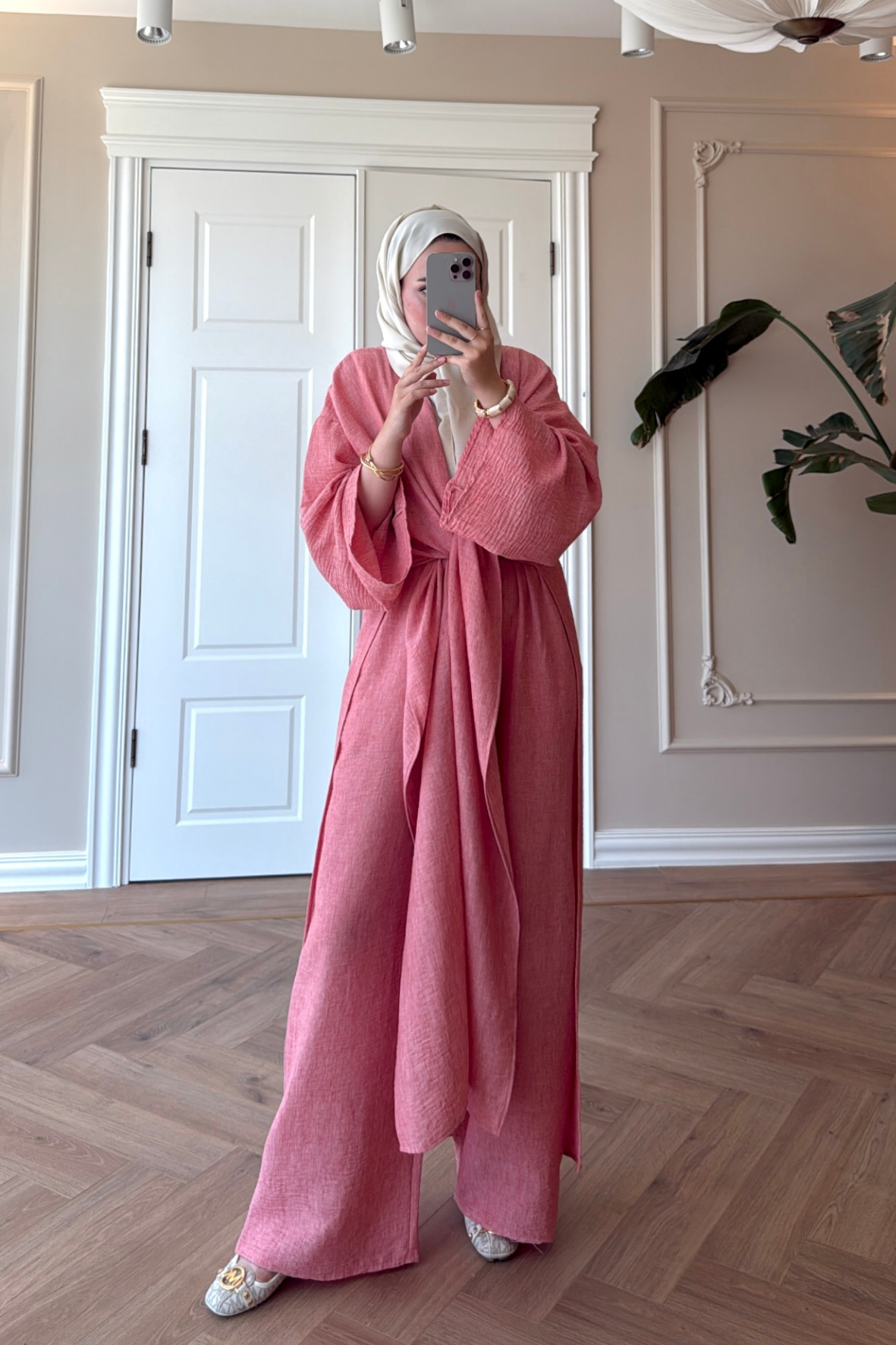 Keten Kimono Takım - Pembe-5719