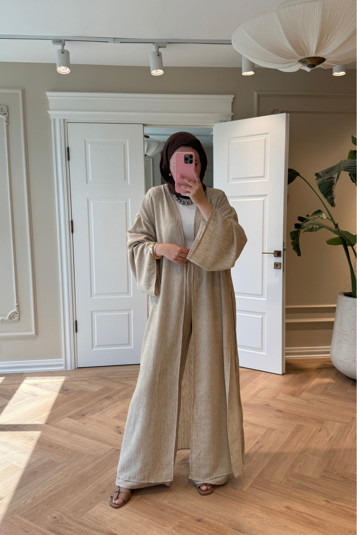Keten Kimono Takım - Vizon-5719