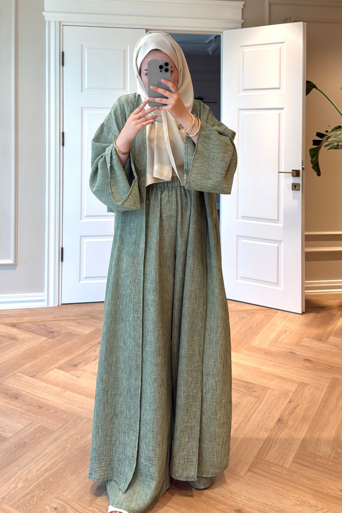Keten Kimono Takım - Yeşil-5719