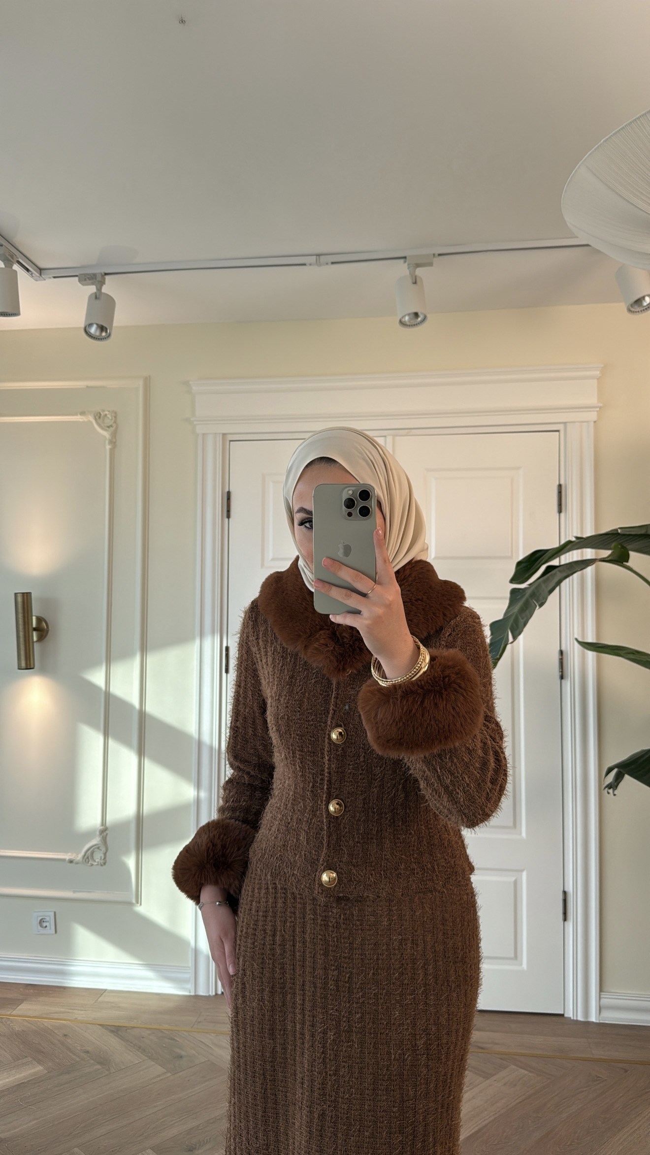 Kürk Detaylı Triko Etekli Takım-Kahve -8937