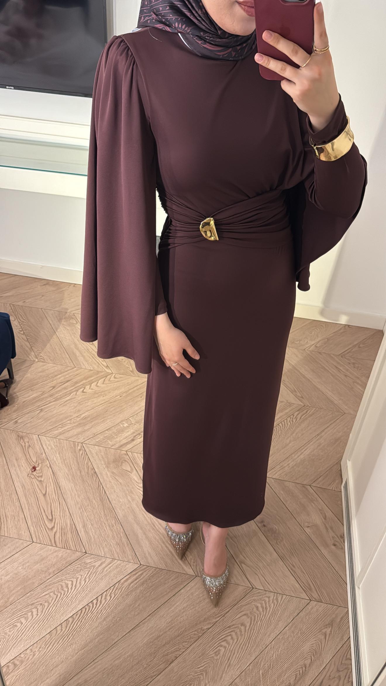 Lesgo Broş Detay Elbise- Burgonya-4729
