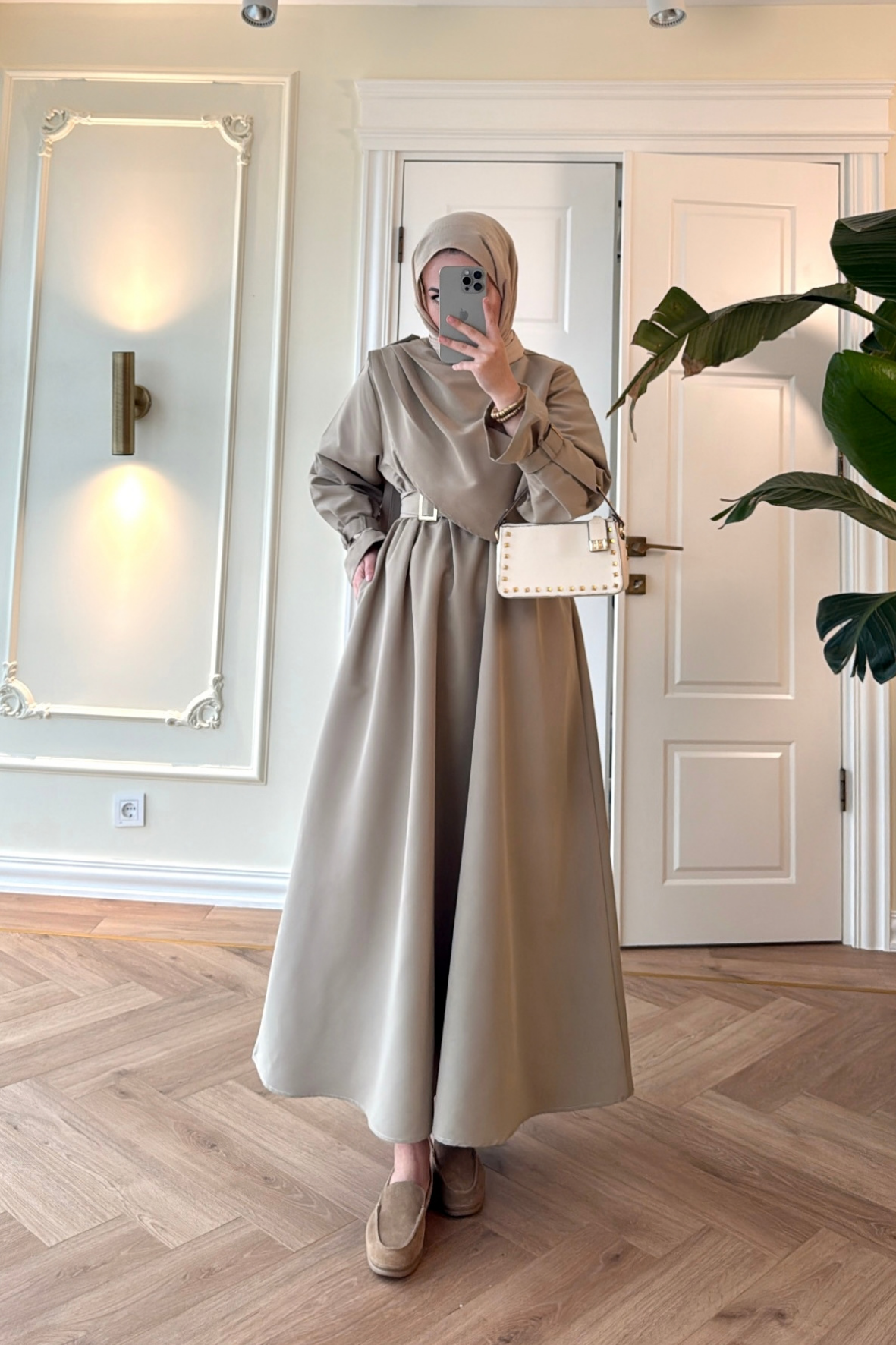 Lezya Şal Detaylı Trenç Elbise-Çağla-8865