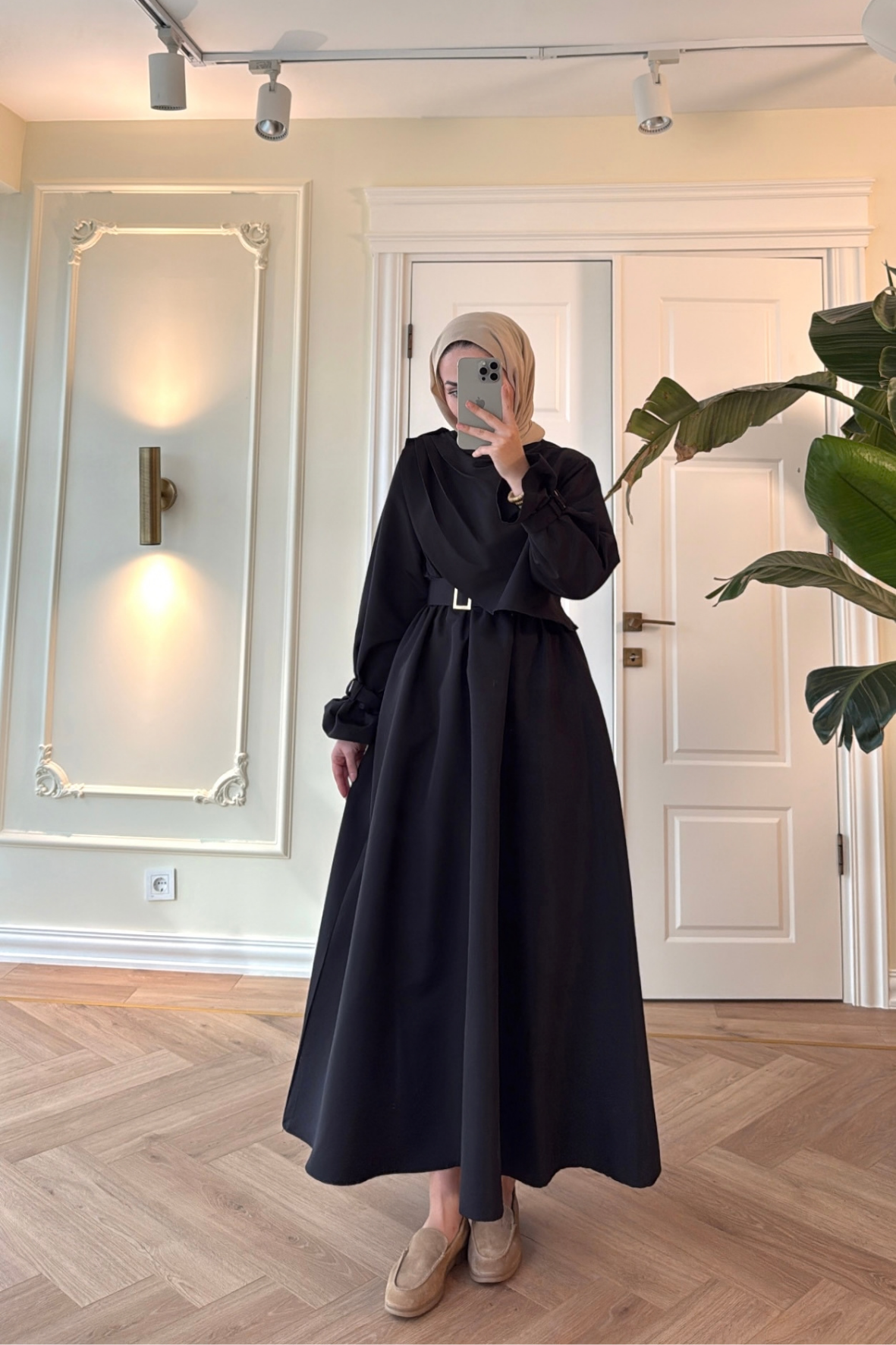 Lezya Şal Detaylı Trenç Elbise-Siyah-8865