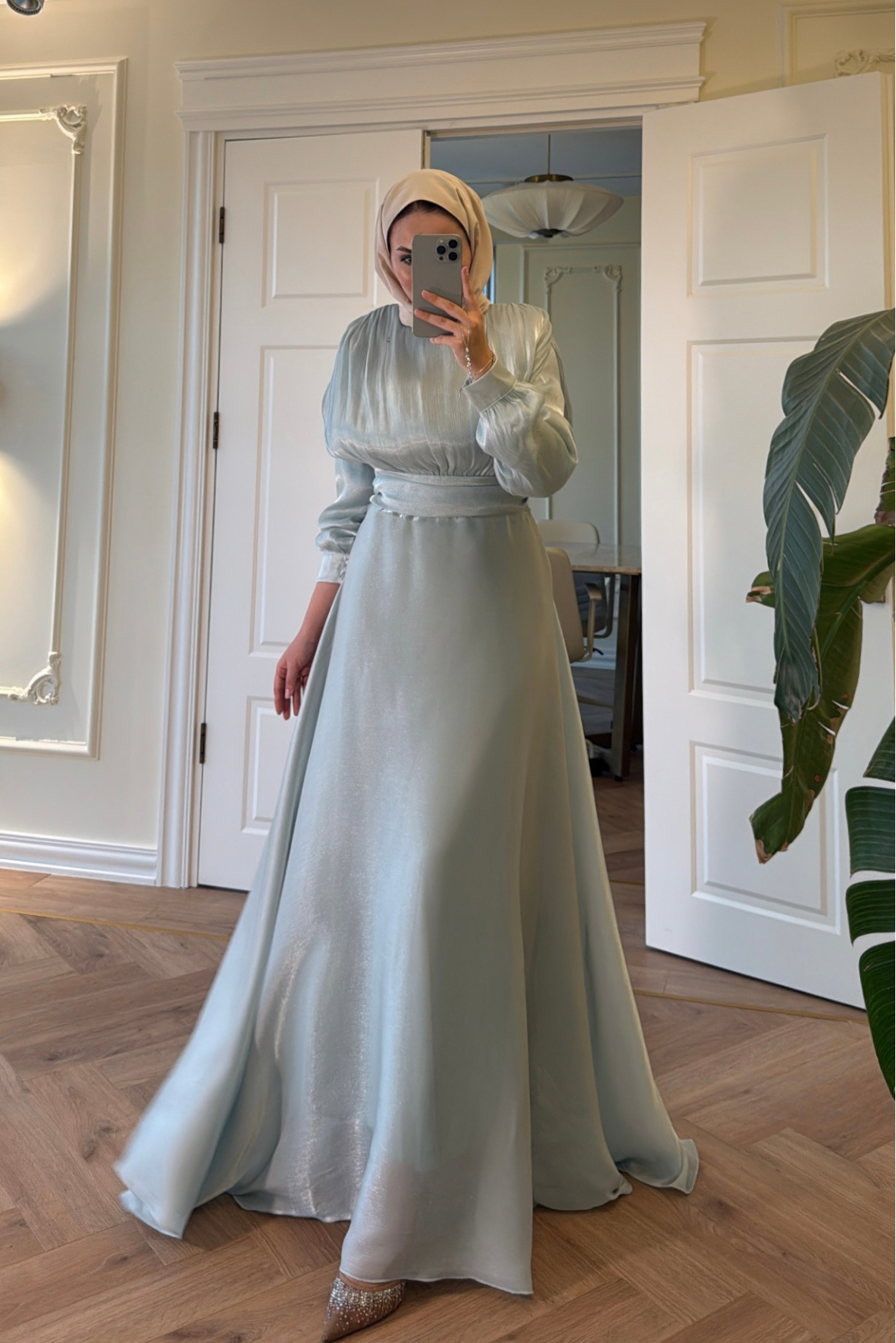Lidya Simli Organze Abiye Elbise - Mint-26045