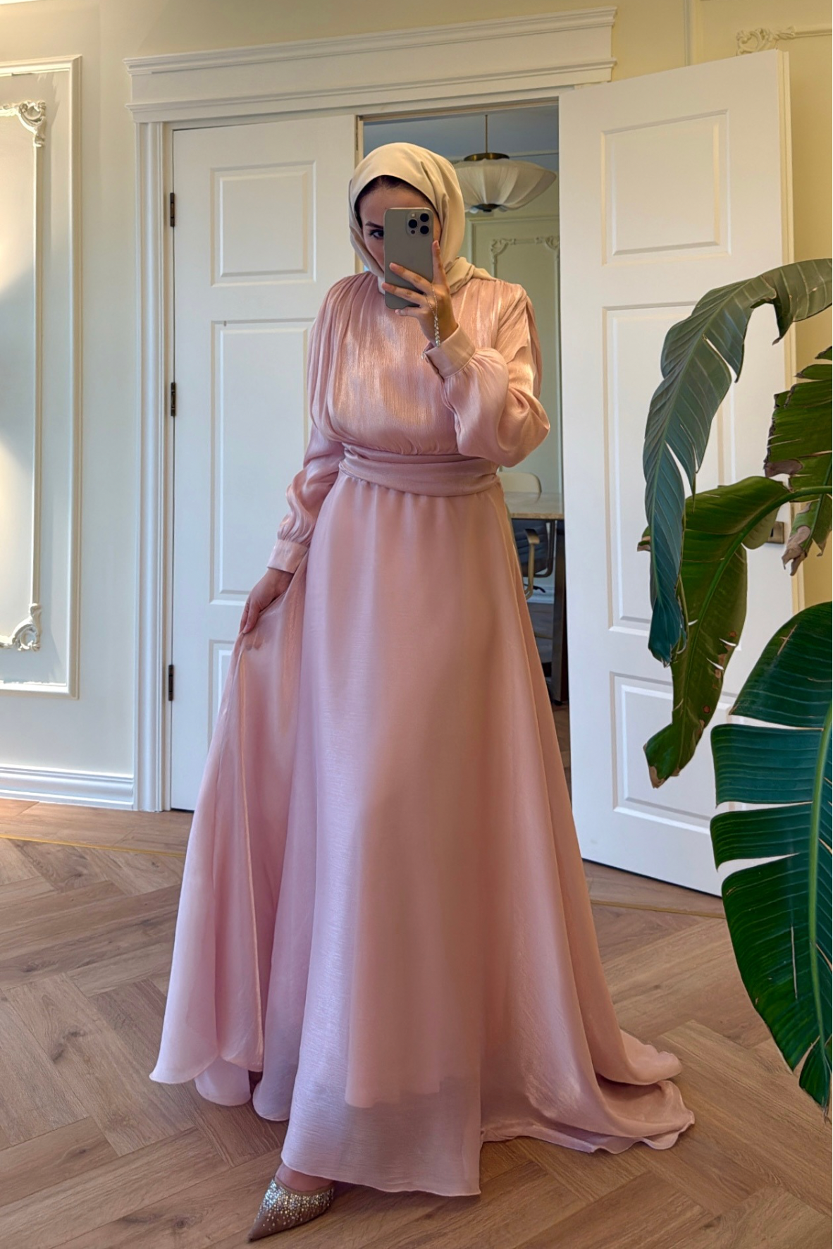 Lidya Simli Organze Abiye Elbise - Pudra-26045