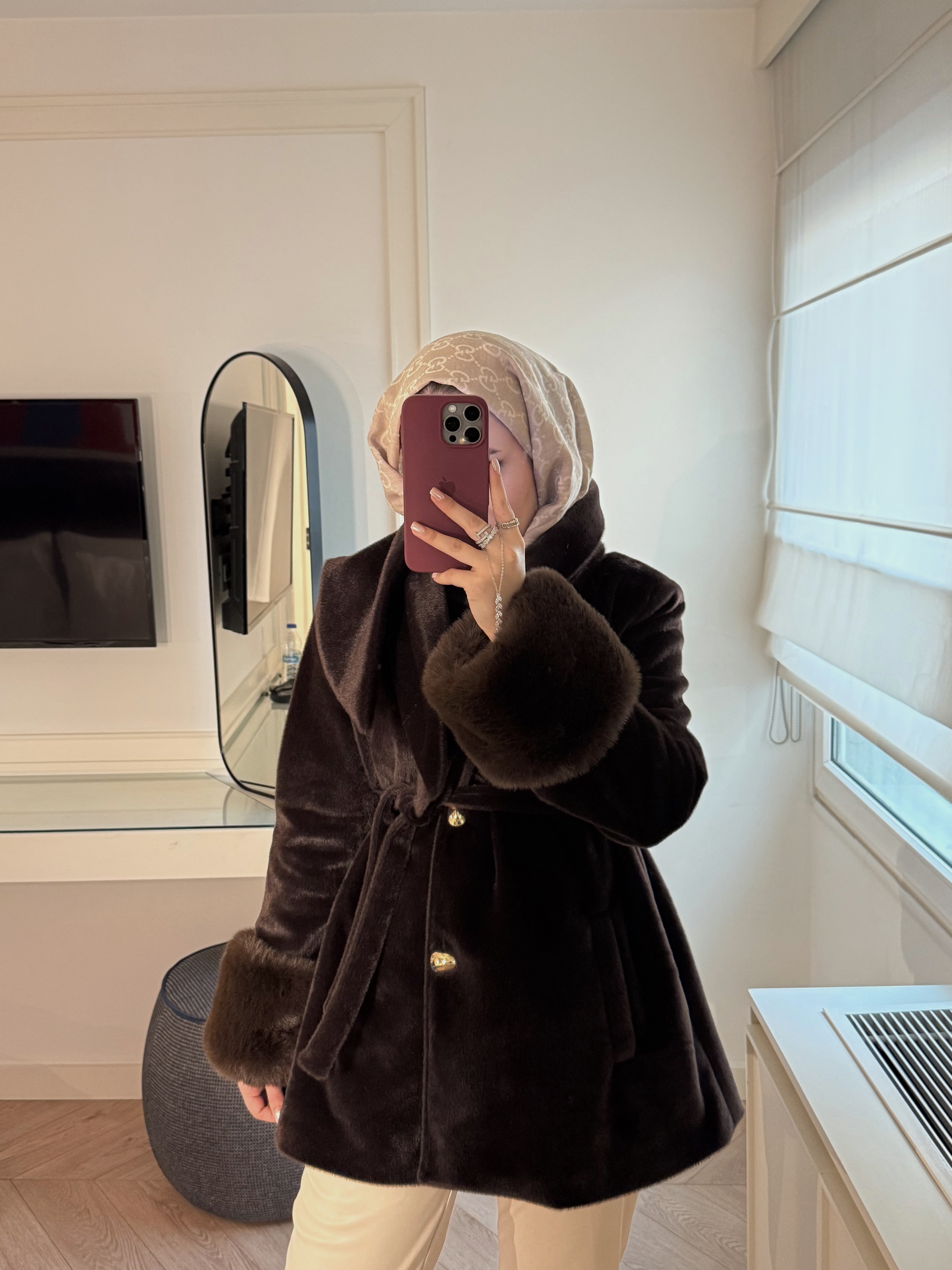 Liora Yaka Fiyonklu Kürklü Kaşe - Kahverengi-6912