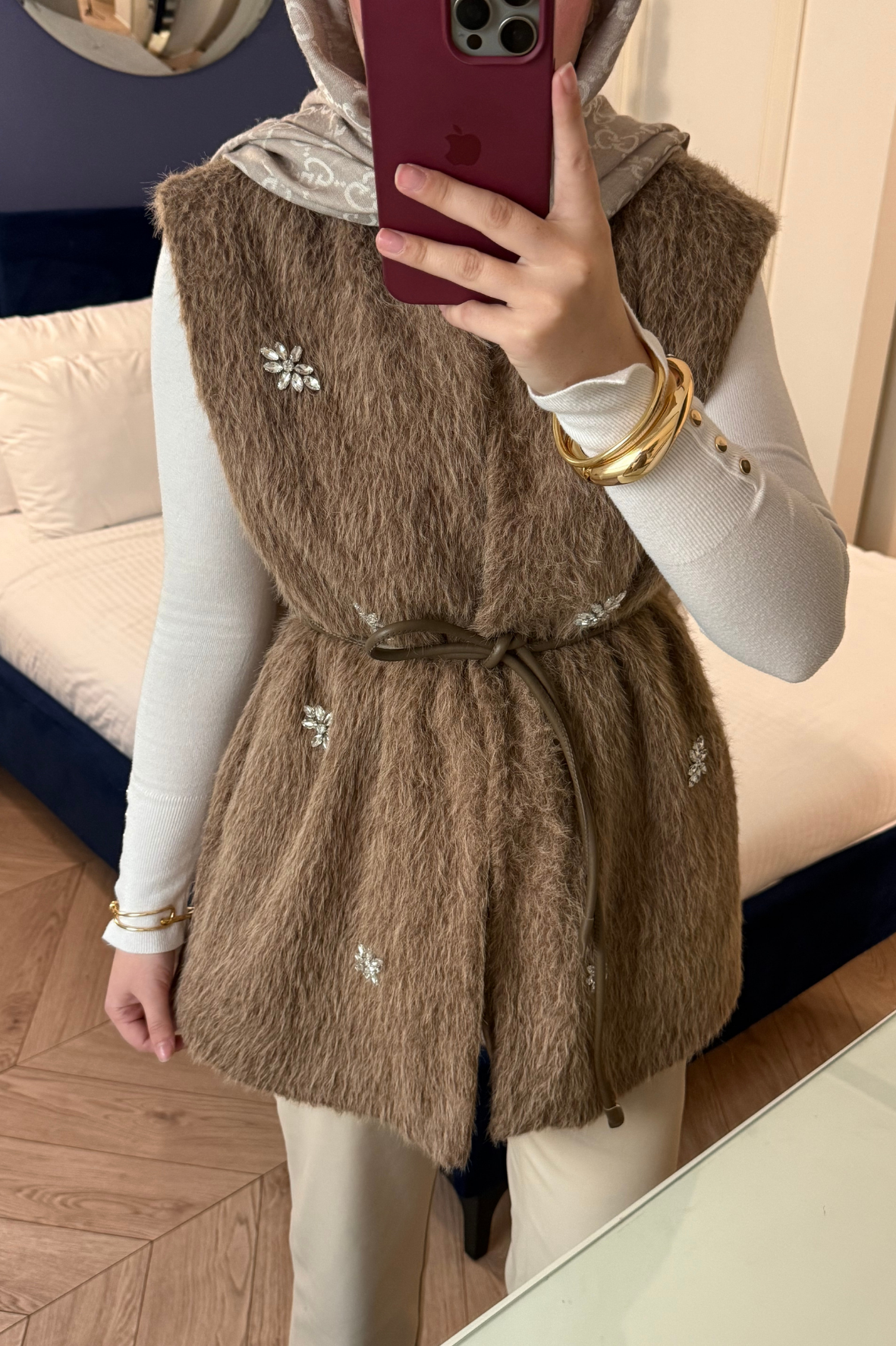 Lucci Kristal Taşlı Kürk Yelek-camel-51235