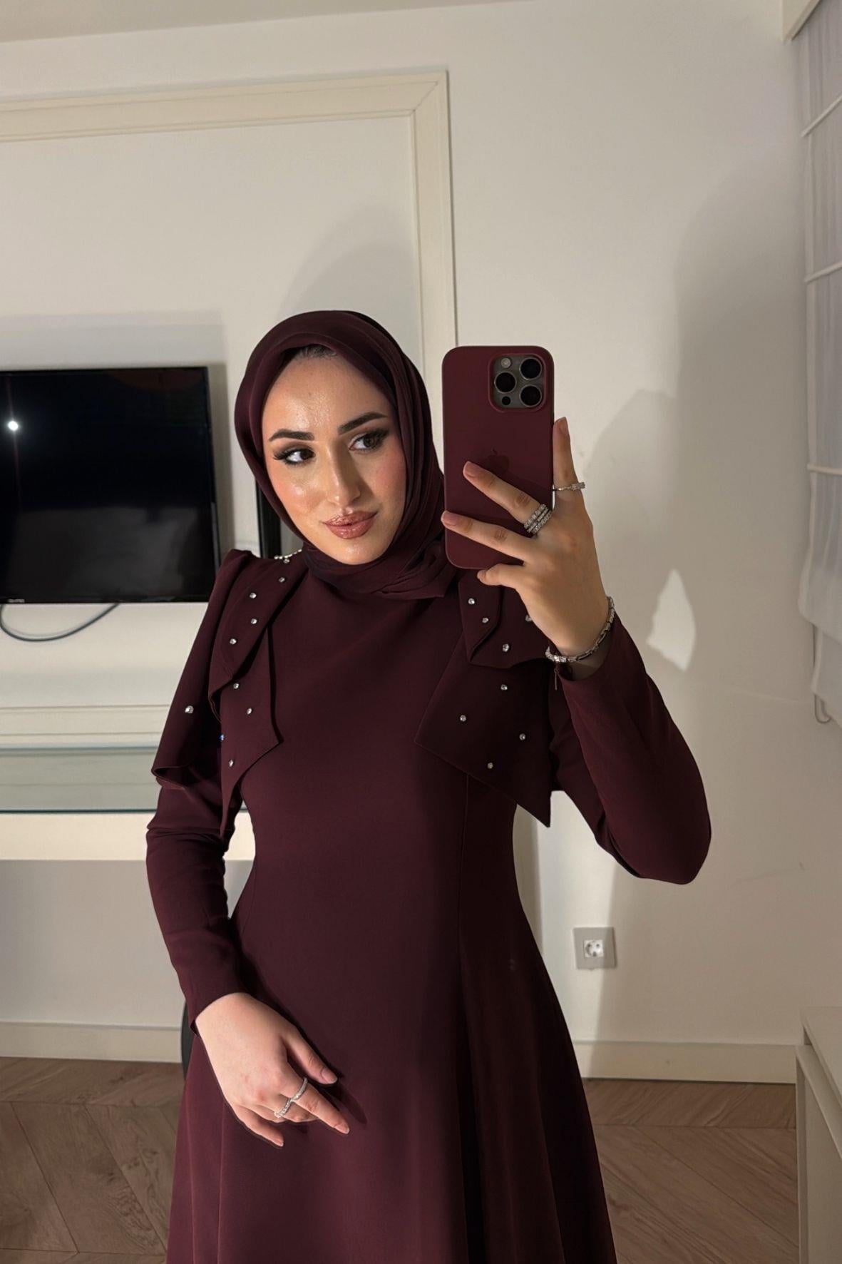 Mavera Taşlı Premium Elbise-Bordo-V5210