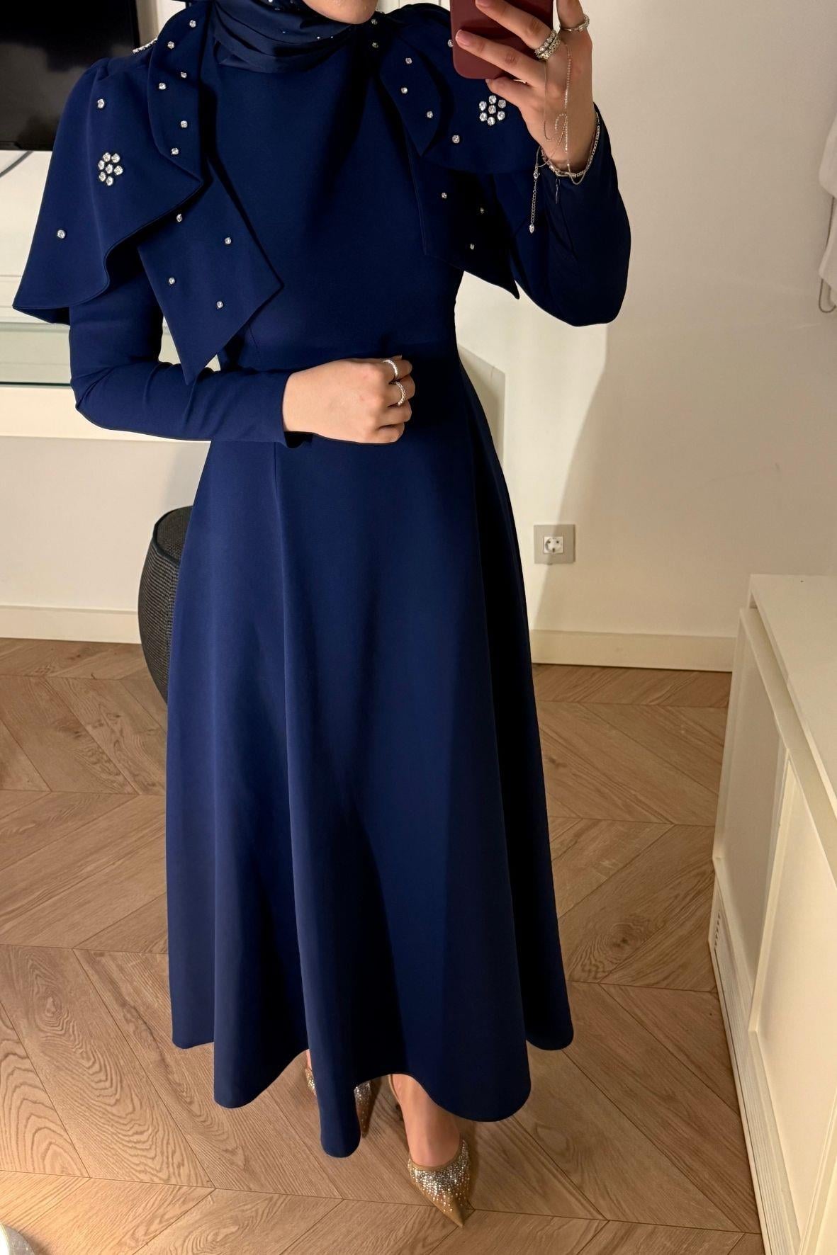 Mavera Taşlı Premium Elbise-Lacivert -V5210