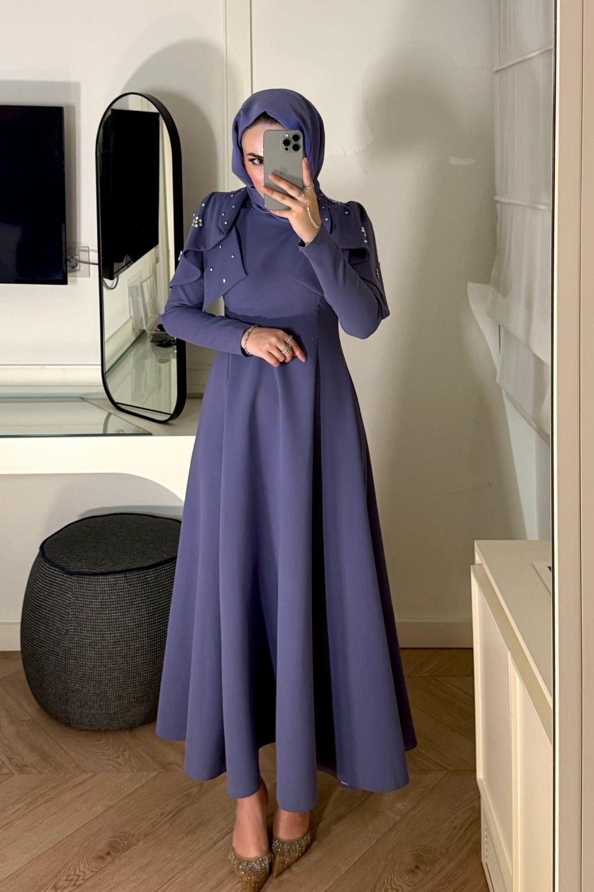 Mavera Taşlı Premium Elbise-Lila -V5210