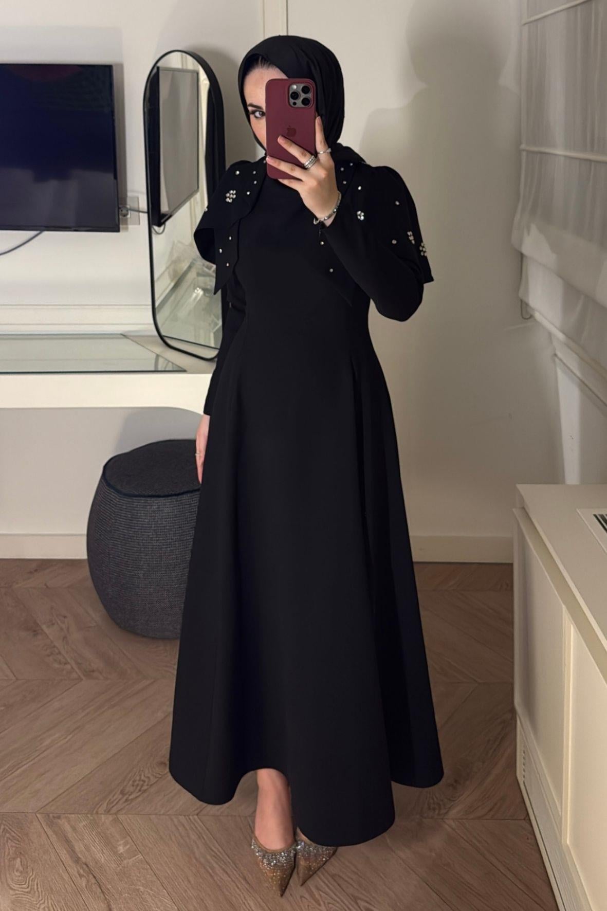 Mavera Taşlı Premium Elbise-Siyah-V5210