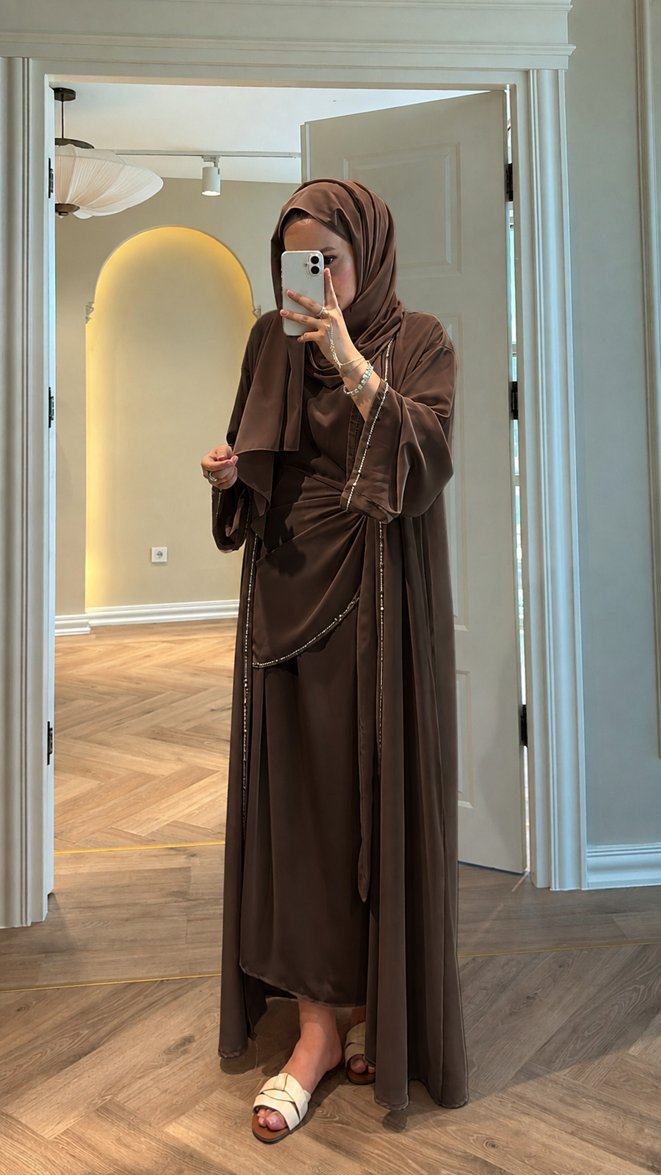 Meloria Taş Şerit Detaylı Abaya - Kahve  (ŞAL HEDİYELİ ) -4389