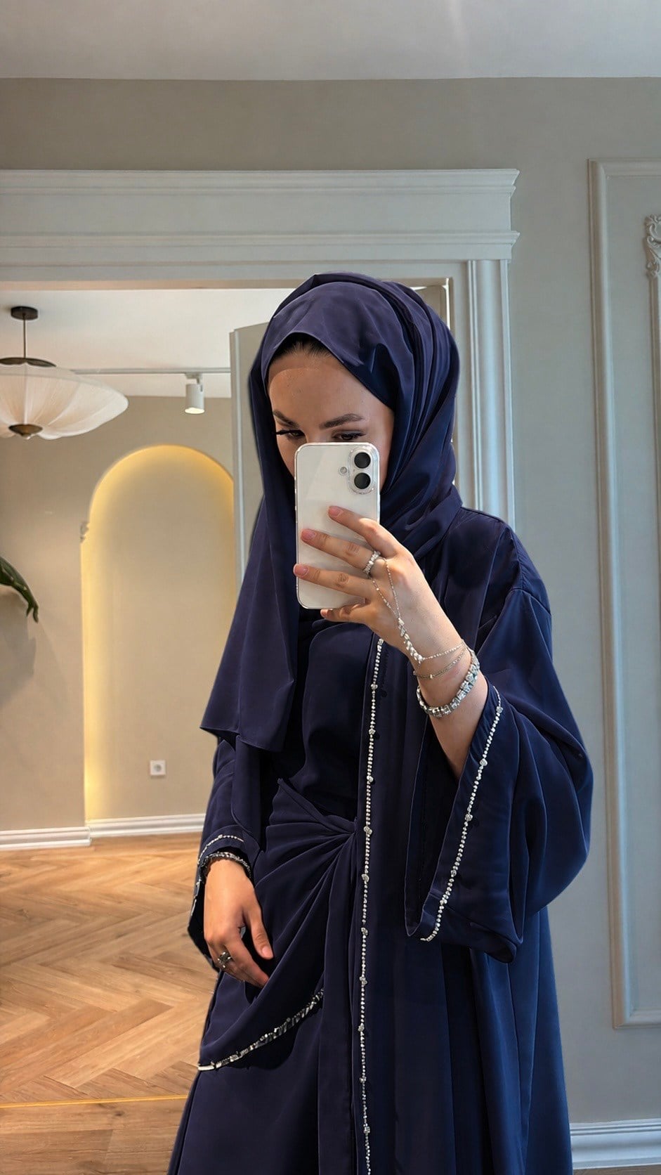 Meloria Taş Şerit Detaylı Abaya - Lacivert -4389
