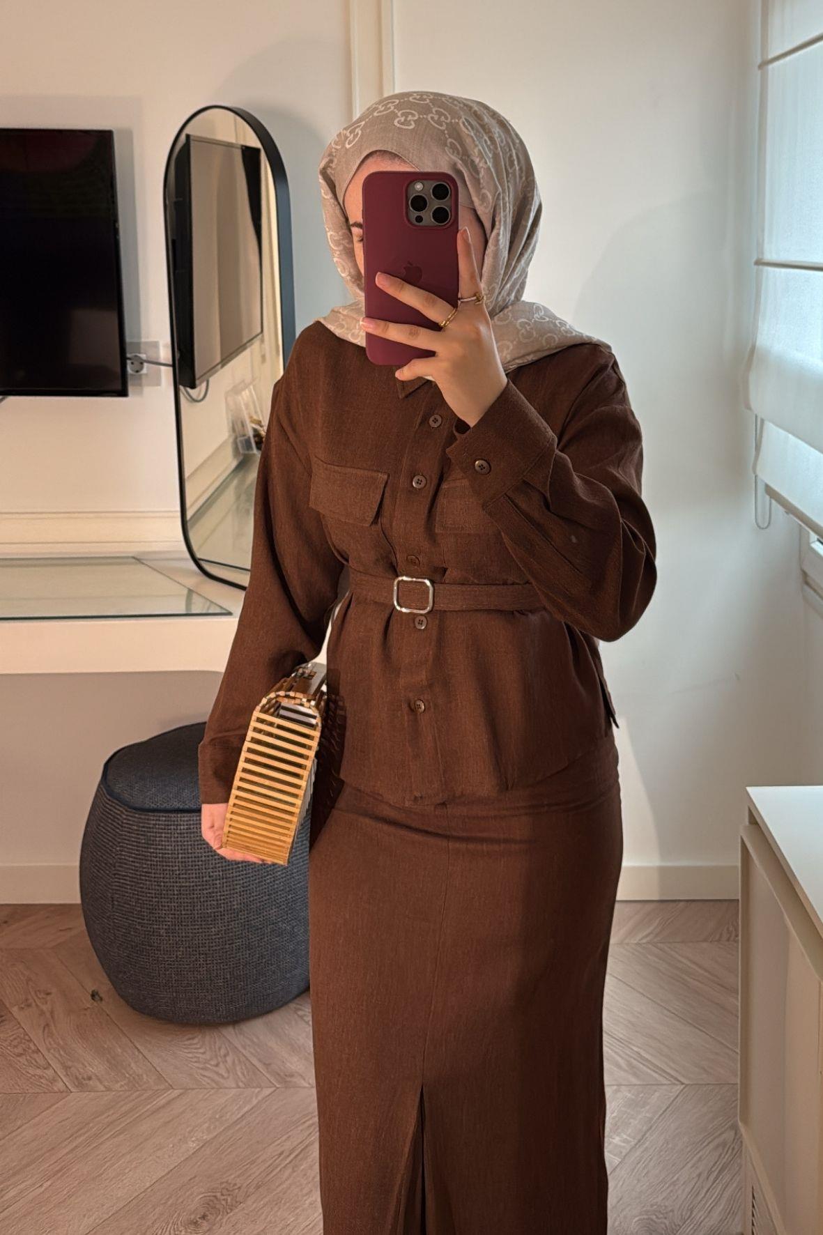 Modal Kumaş Etekli Takım-Acı Kahve-6987