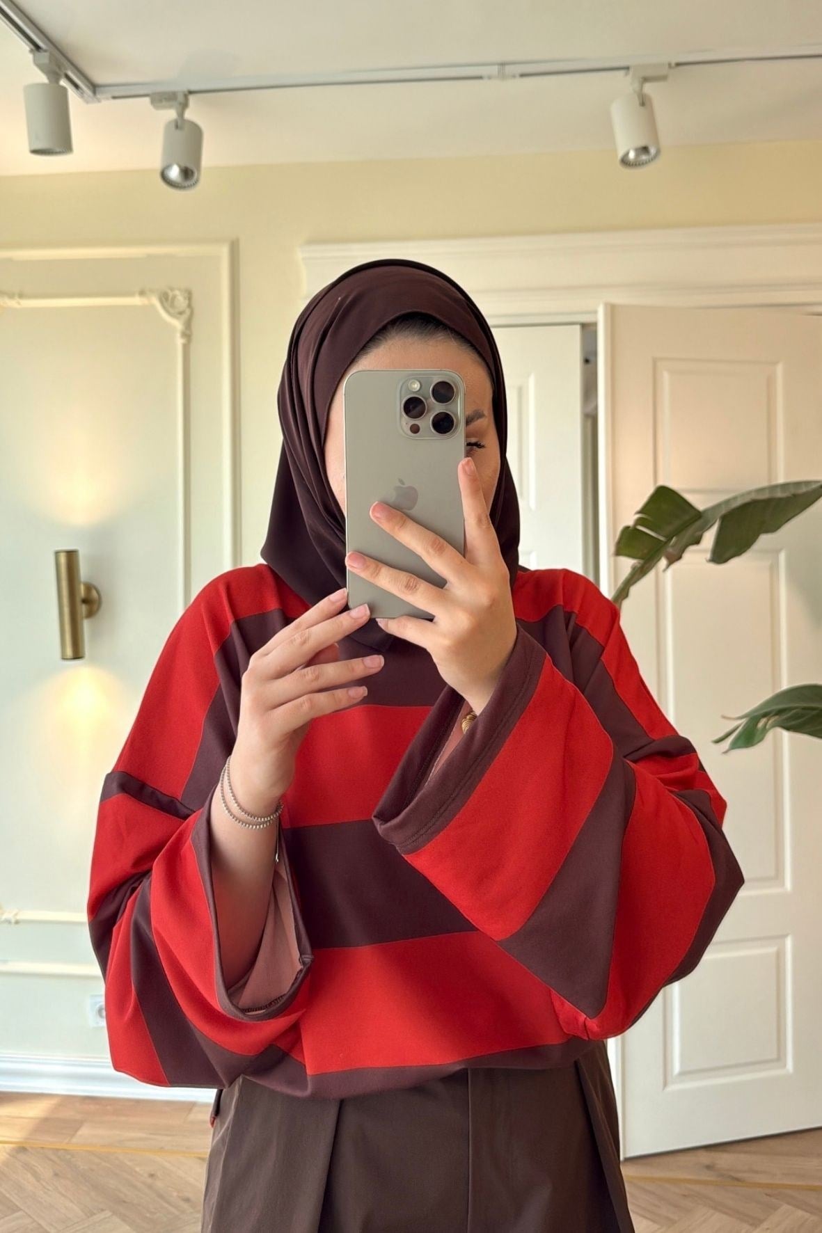 Nevra Çizgili Basic Sweatshirt-Kahve -5587