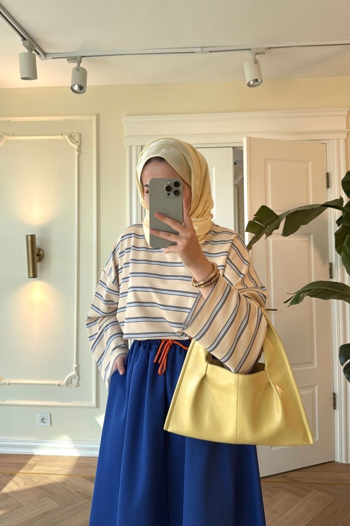 Nevra Çizgili Basic Sweatshirt-Sarı-5587