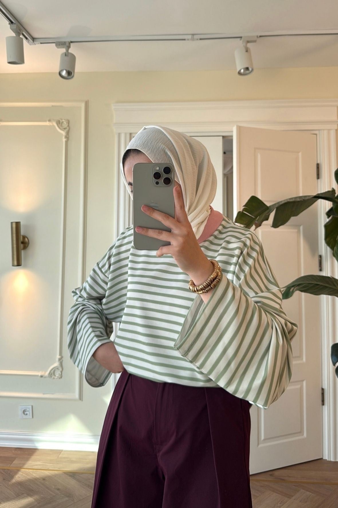 Nevra Çizgili Basic Sweatshirt-Yeşil-5587