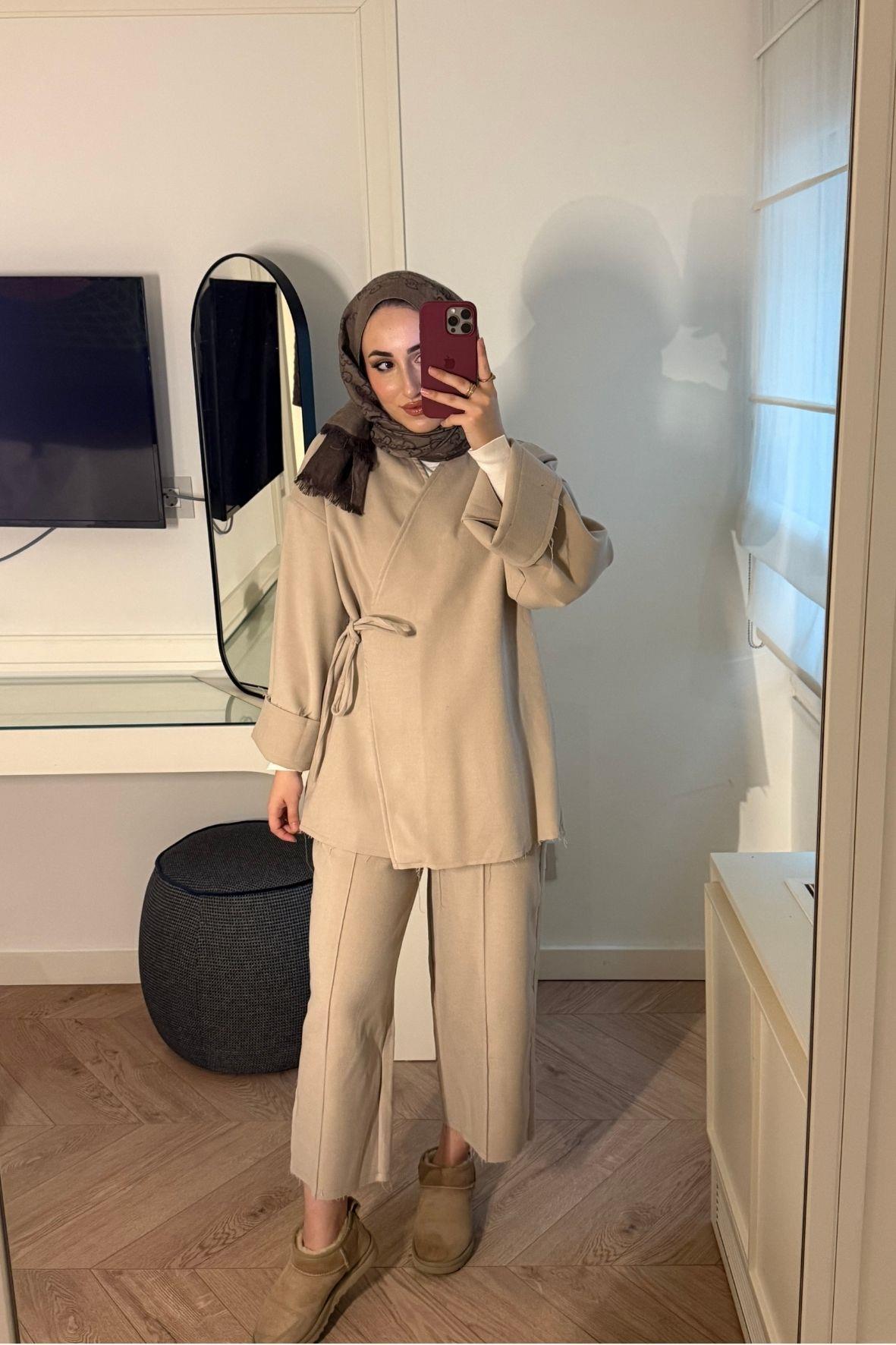 Oliv Yandan Bağlamalı Takım-Bej-2348