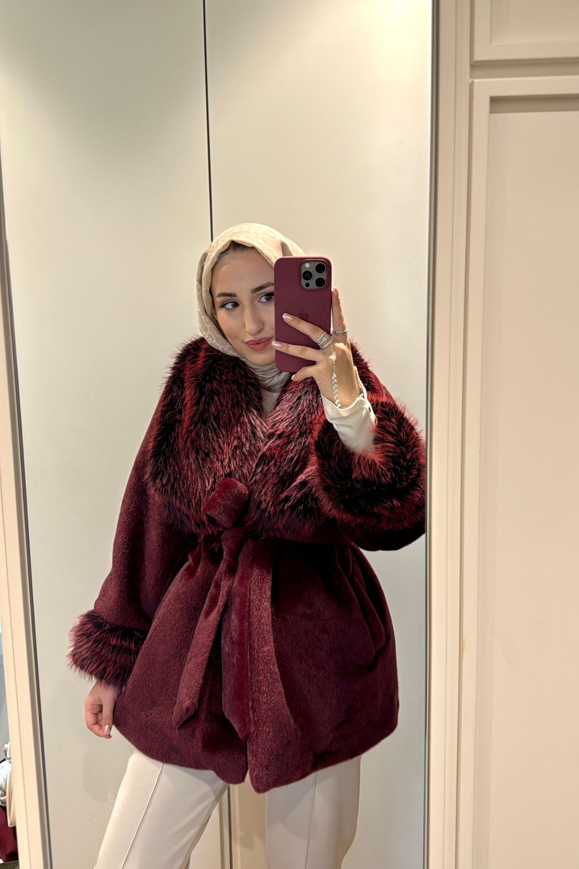 Oven Yakası Kürklü Kaban-Bordo-599