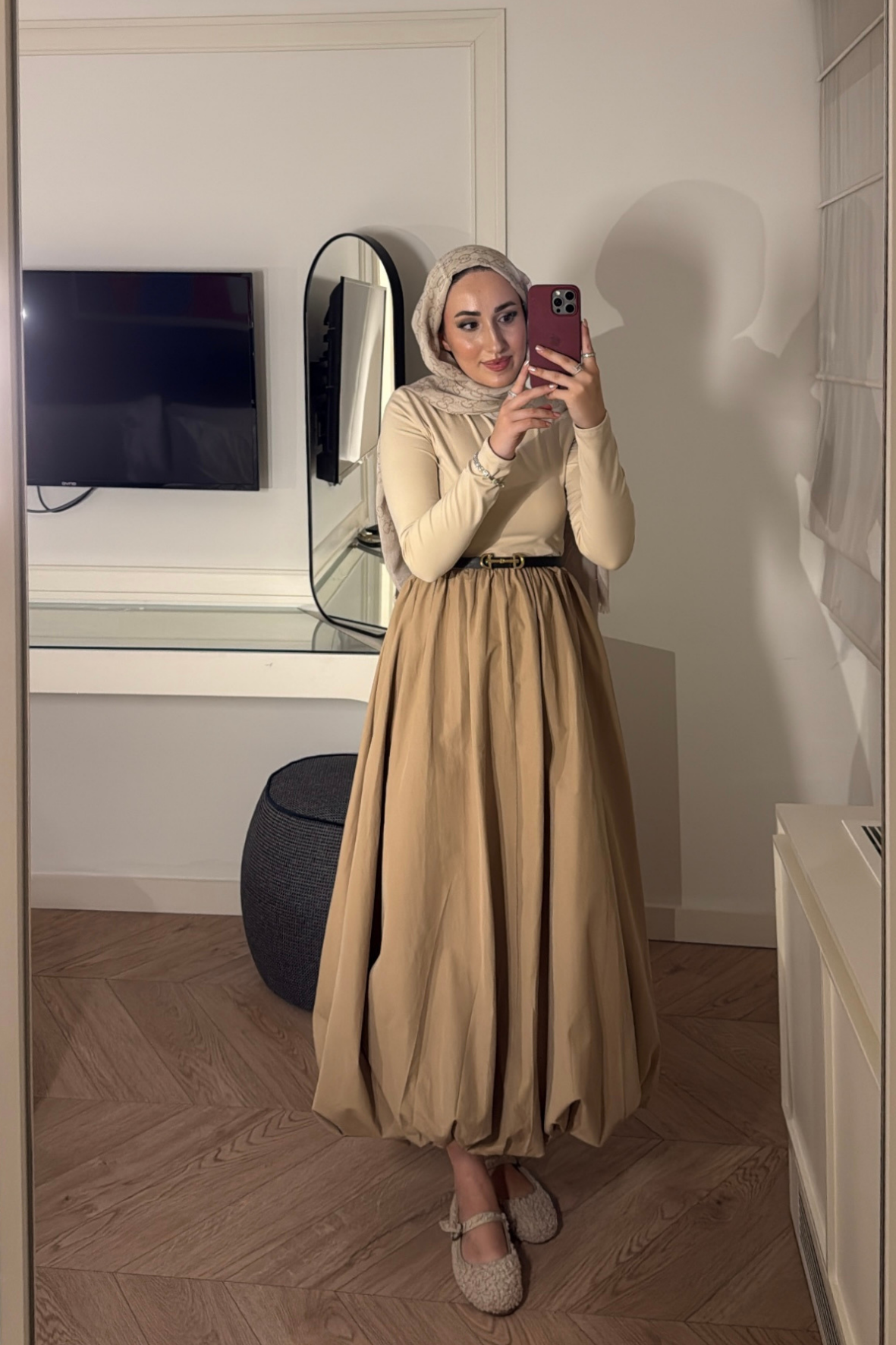 Premium Balon Etekli Elbise-Bej -N8790