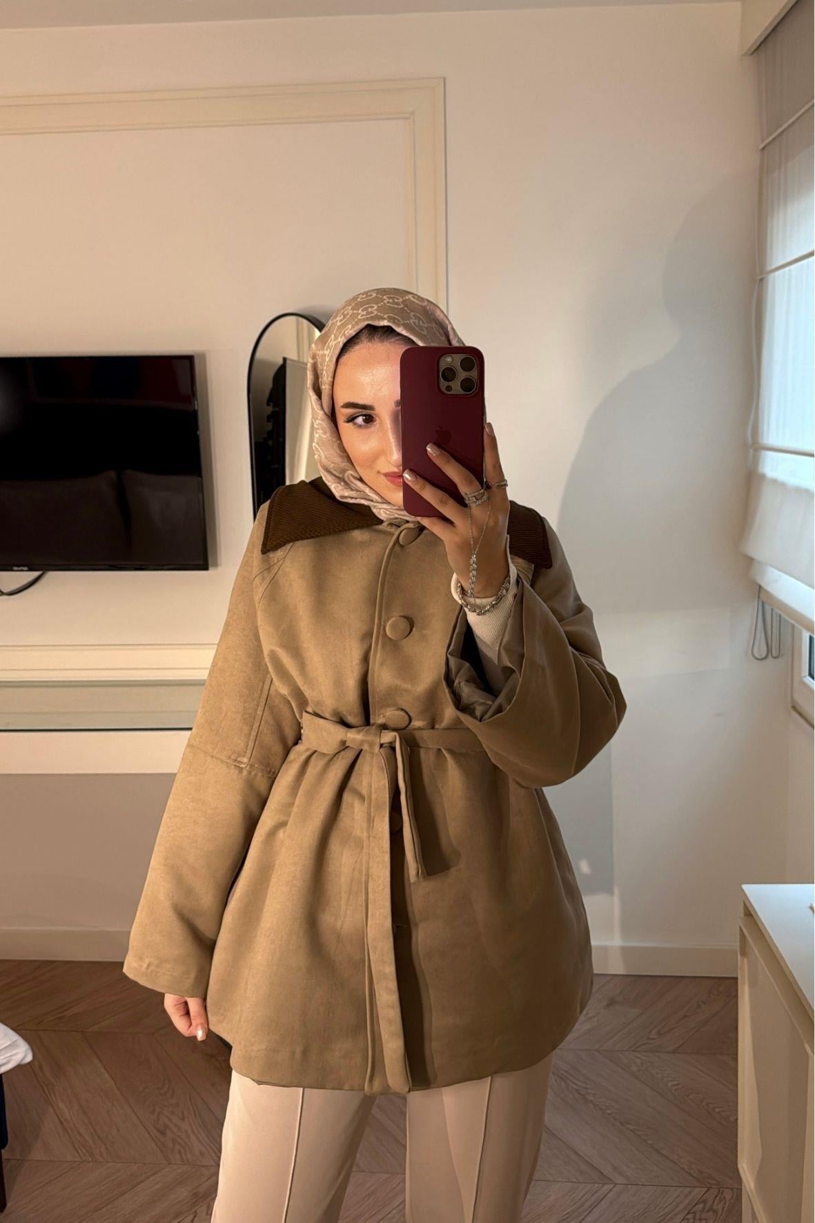 Süet Trençkot-Bej-6098